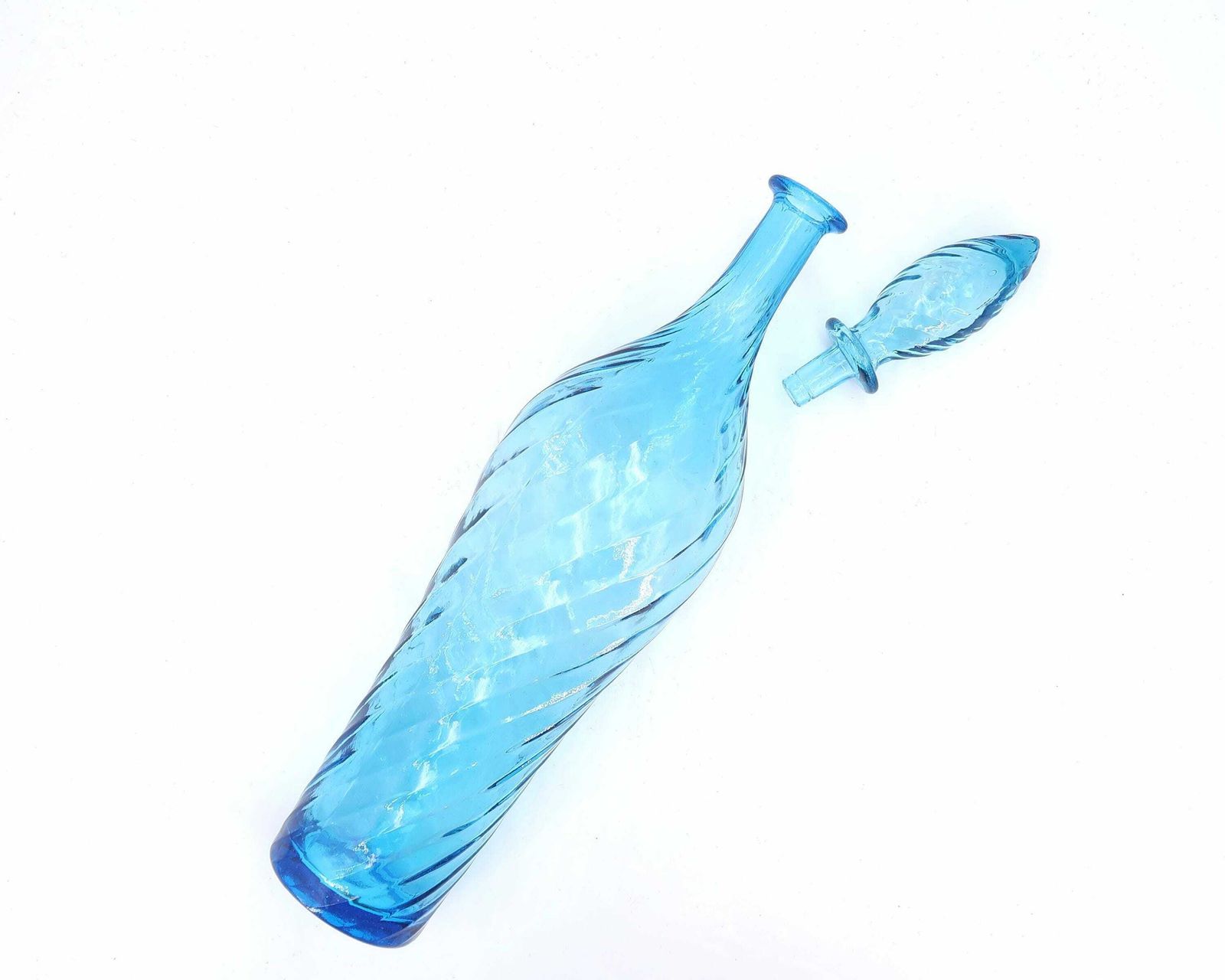 Zeldzame Blauwe Glazen Empoli Geniesfles, Italiaanse Karaf, Jaren 1960 / Boho Chic, Bohemian, Folk, Made In Italy photo furniture