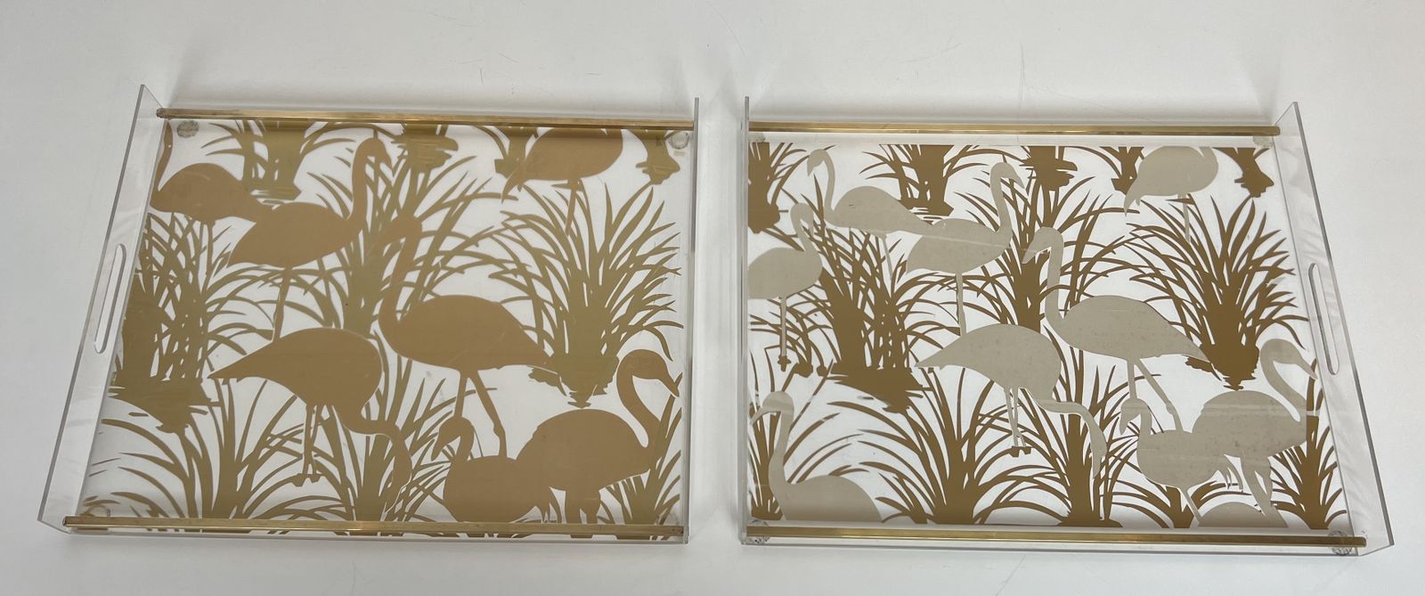 Pair Of Plexiglass And Brass Trays With Golden Bird Decor