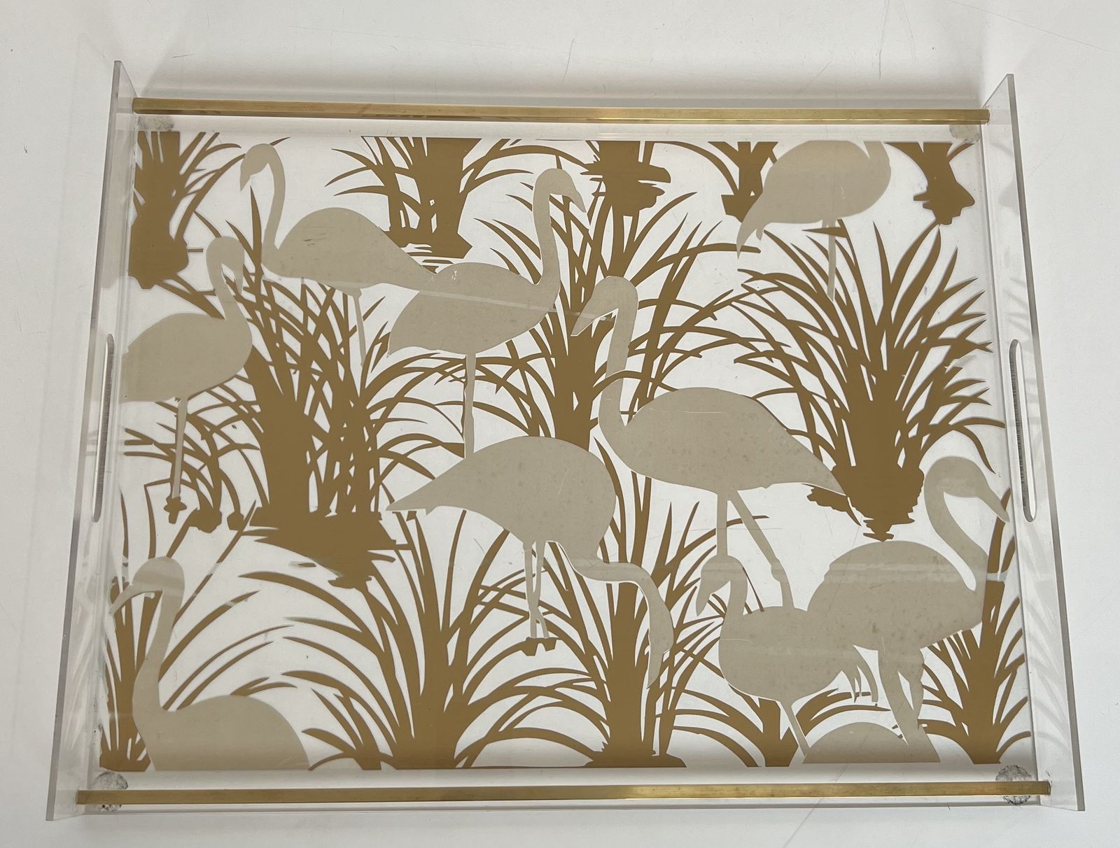 Pair Of Plexiglass And Brass Trays With Golden Bird Decor photo vinterior