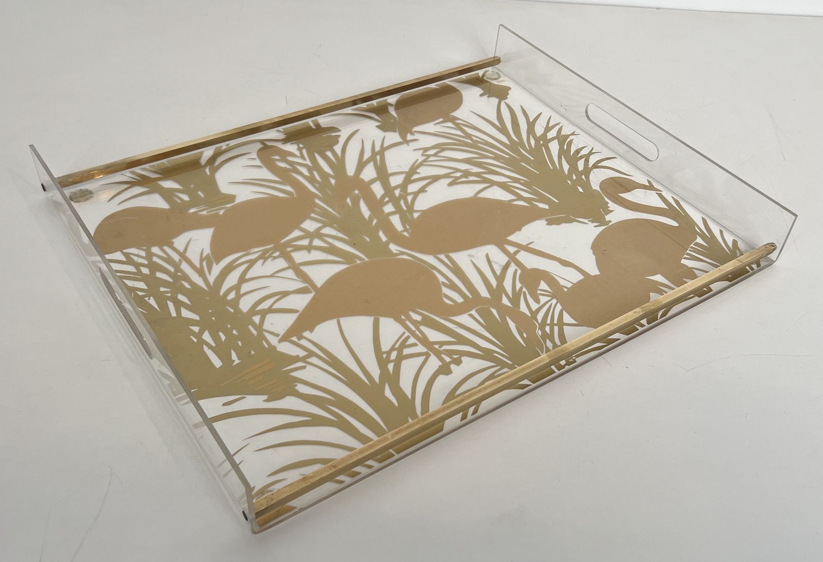 Pair Of Plexiglass And Brass Trays With Golden Bird Decor photo buy