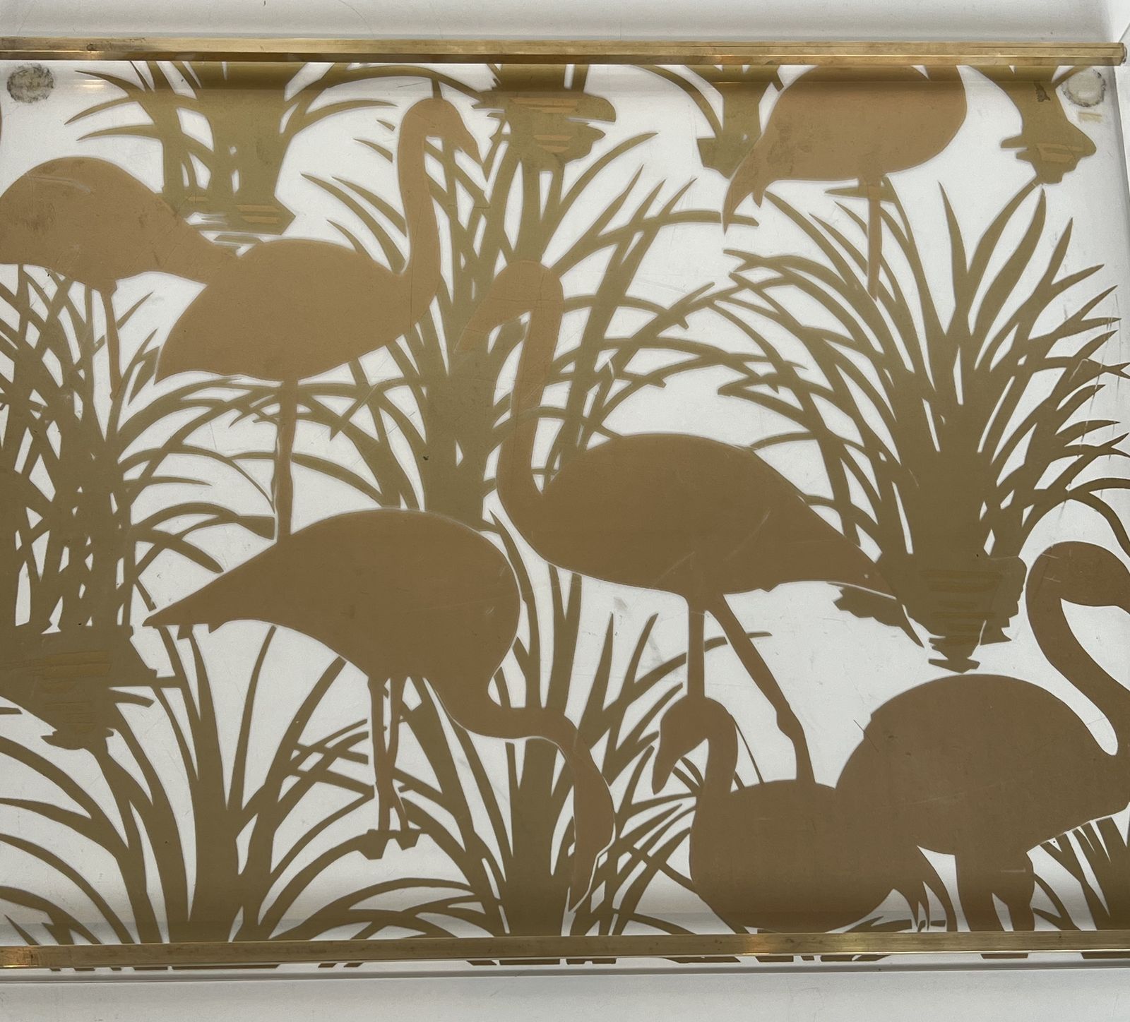 photo buy Pair Of Plexiglass And Brass Trays With Golden Bird Decor