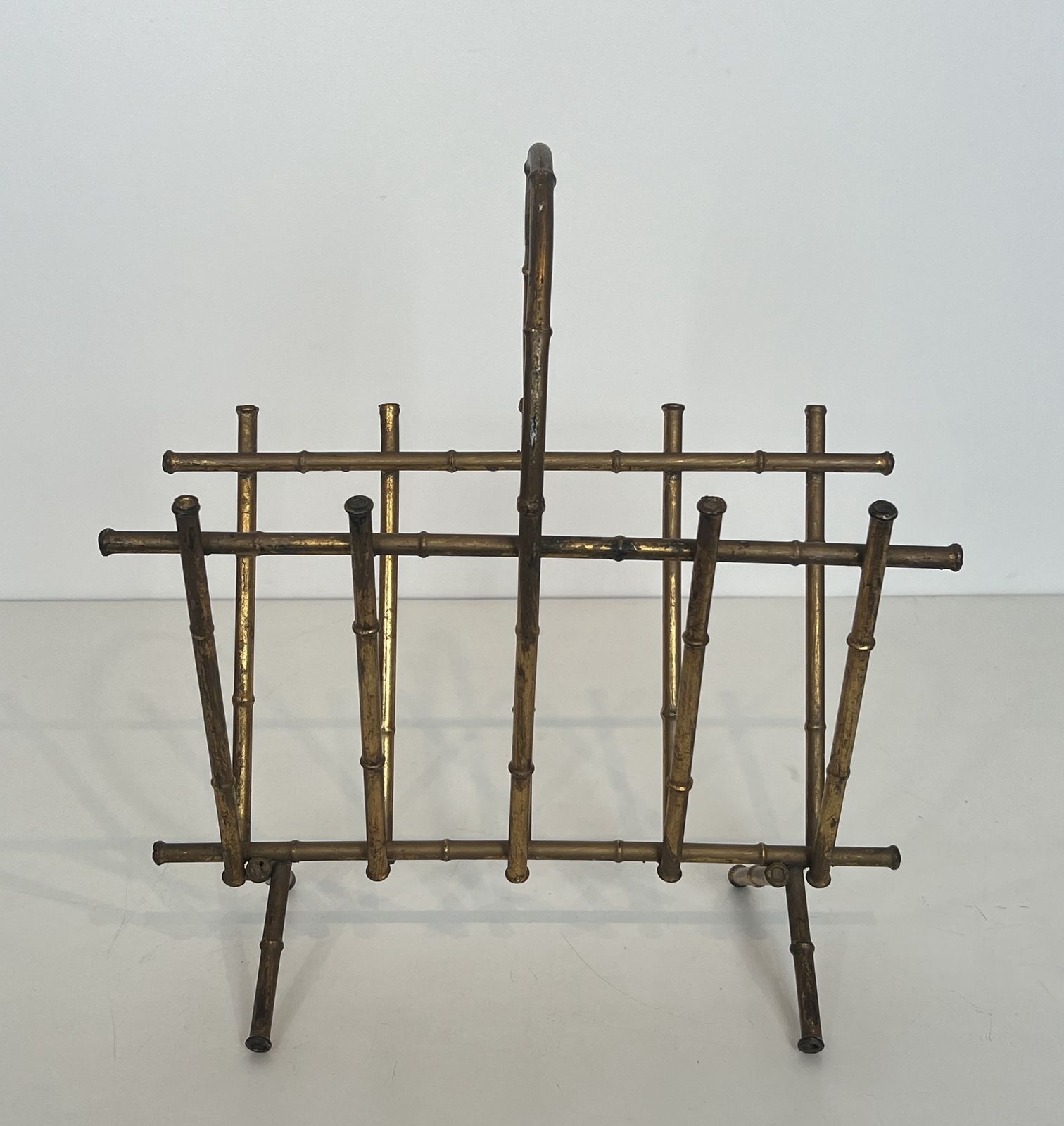 Faux Bamboo Style Gold Metal Magazine Rack Attributed To Maison Baguès photo for sale