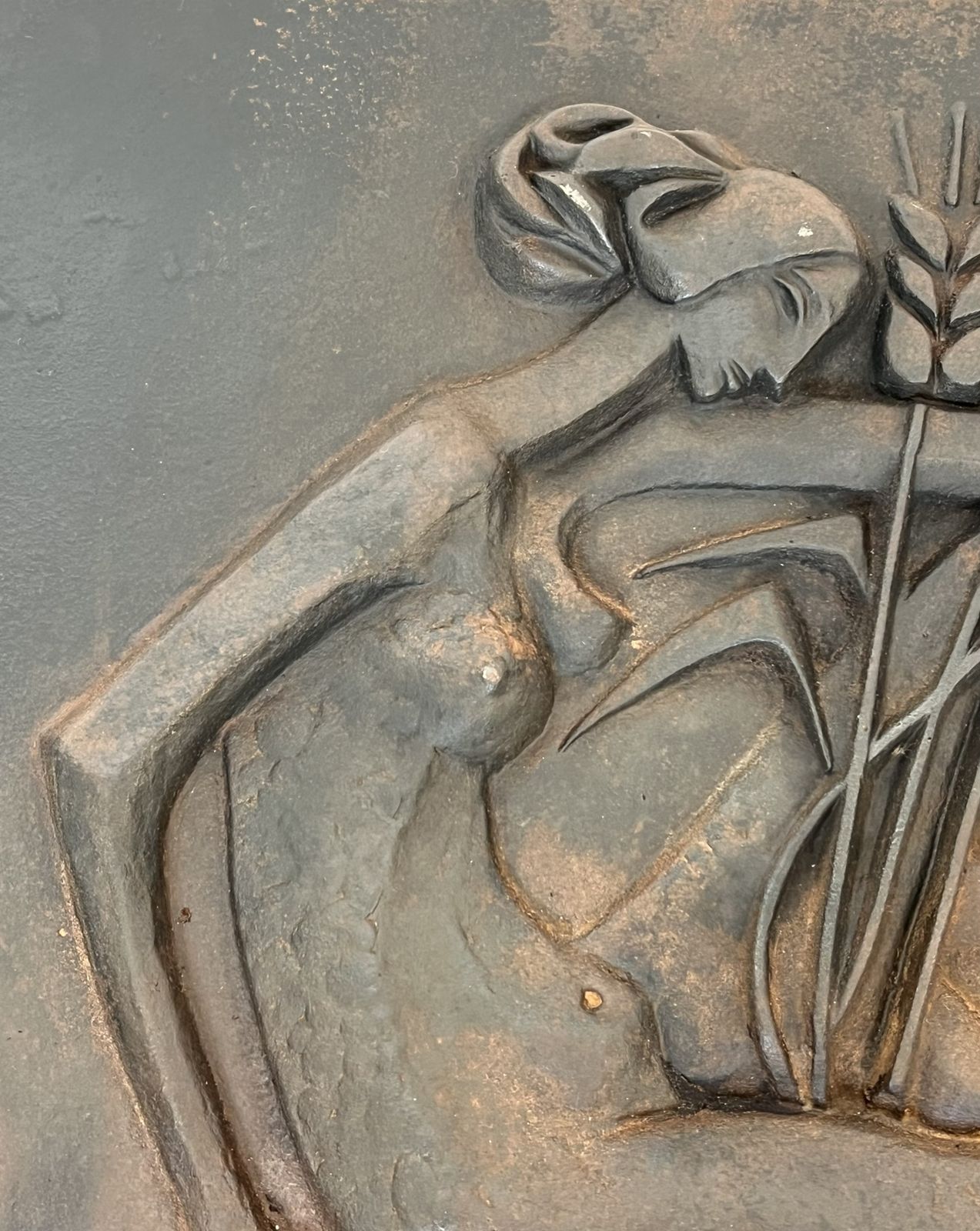 Modernist Cast Iron Fireplace Plate Depicting A Nude Woman Holding A Scythe And Ears Of Wheat photo Home Fixtures
