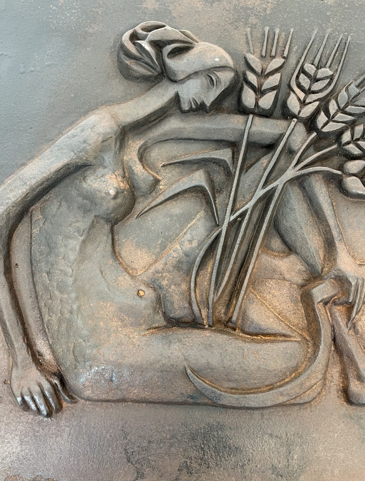 photo vinterior Modernist Cast Iron Fireplace Plate Depicting A Nude Woman Holding A Scythe And Ears Of Wheat
