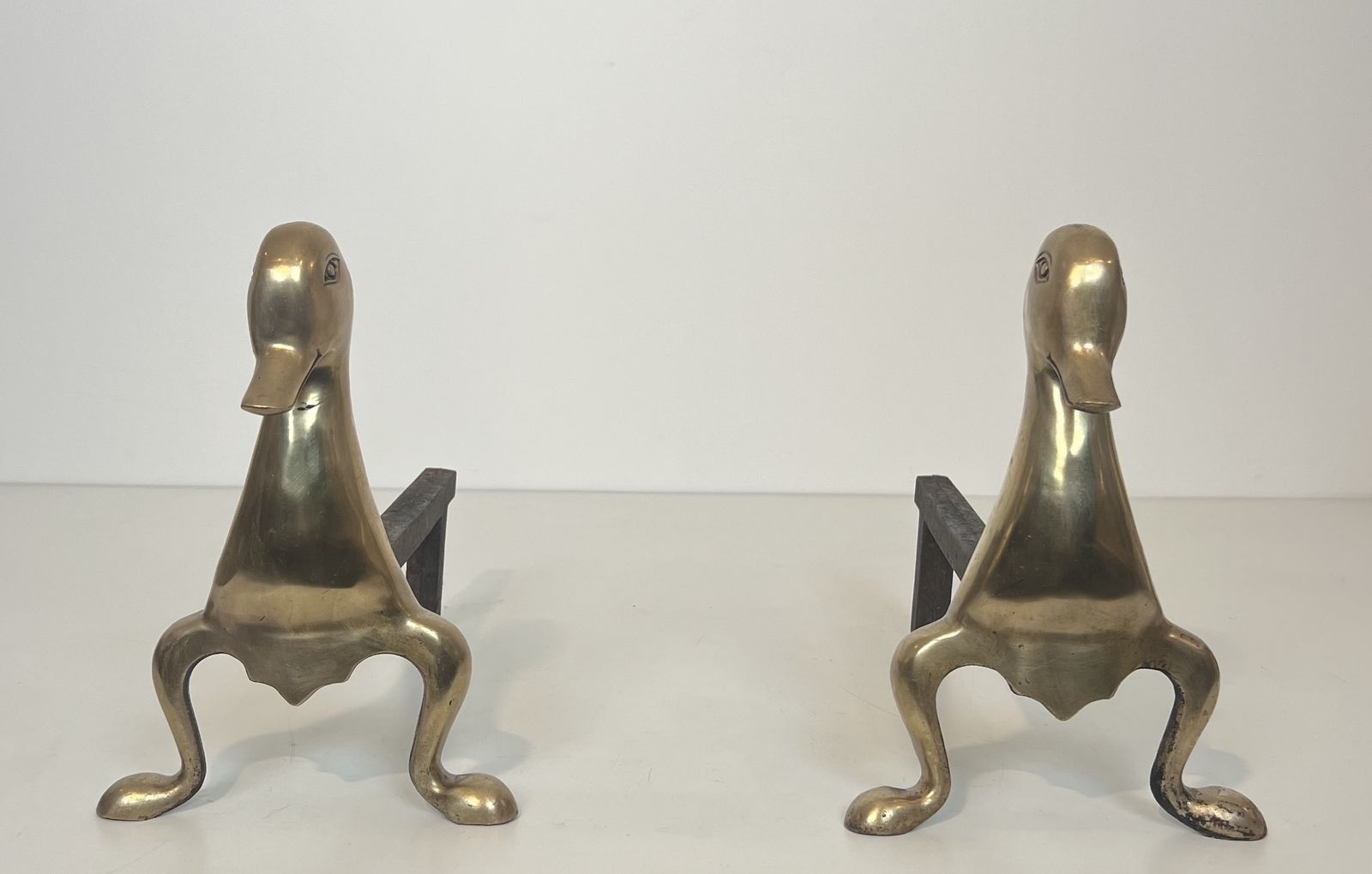 Pair Of Andirons Representing Stylized Ducks In Brass In The Style Of Claude And François Xavier Lalanne. Circa 1970 photo furniture