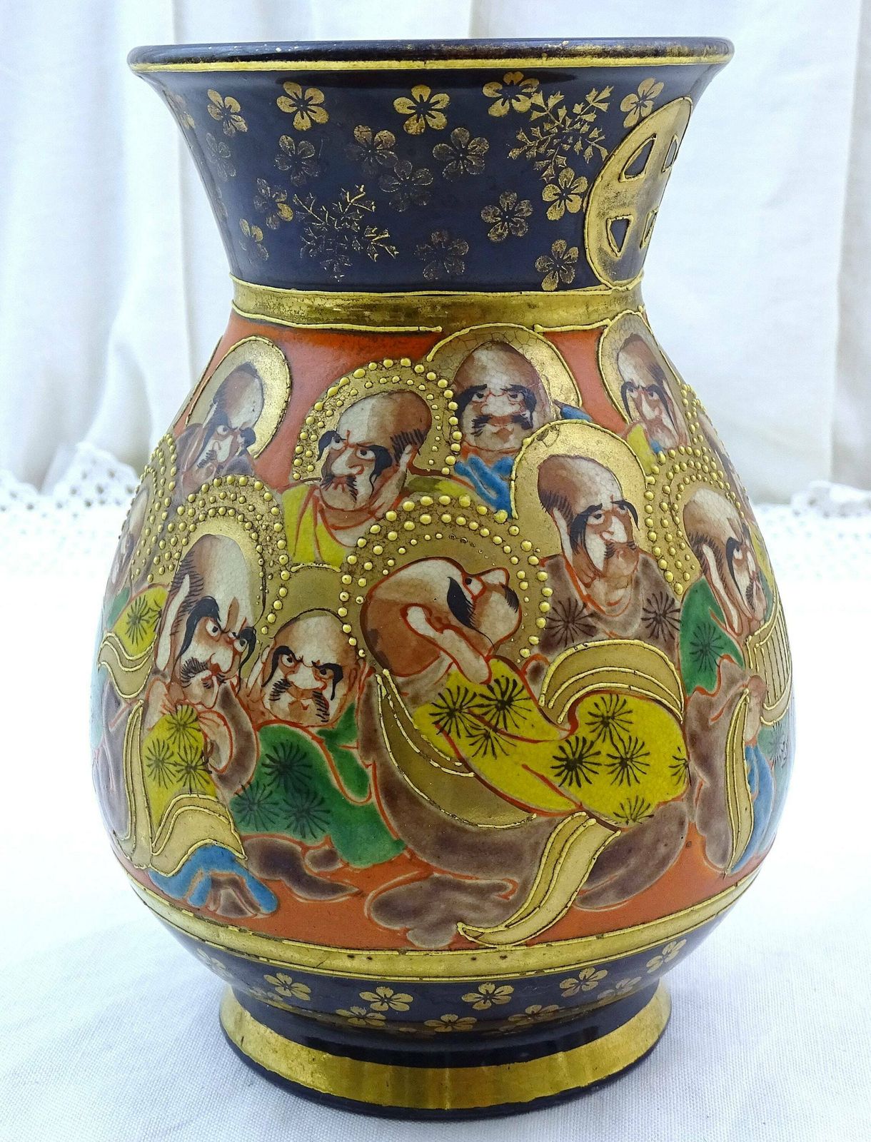 Antique Japanese Hand Painted 1000 Faces Cobalt Blue And Gold Satsuma Vase, Vintage Pottery From Japan With Bald Men, Retro Asian Ceramic photo for sale