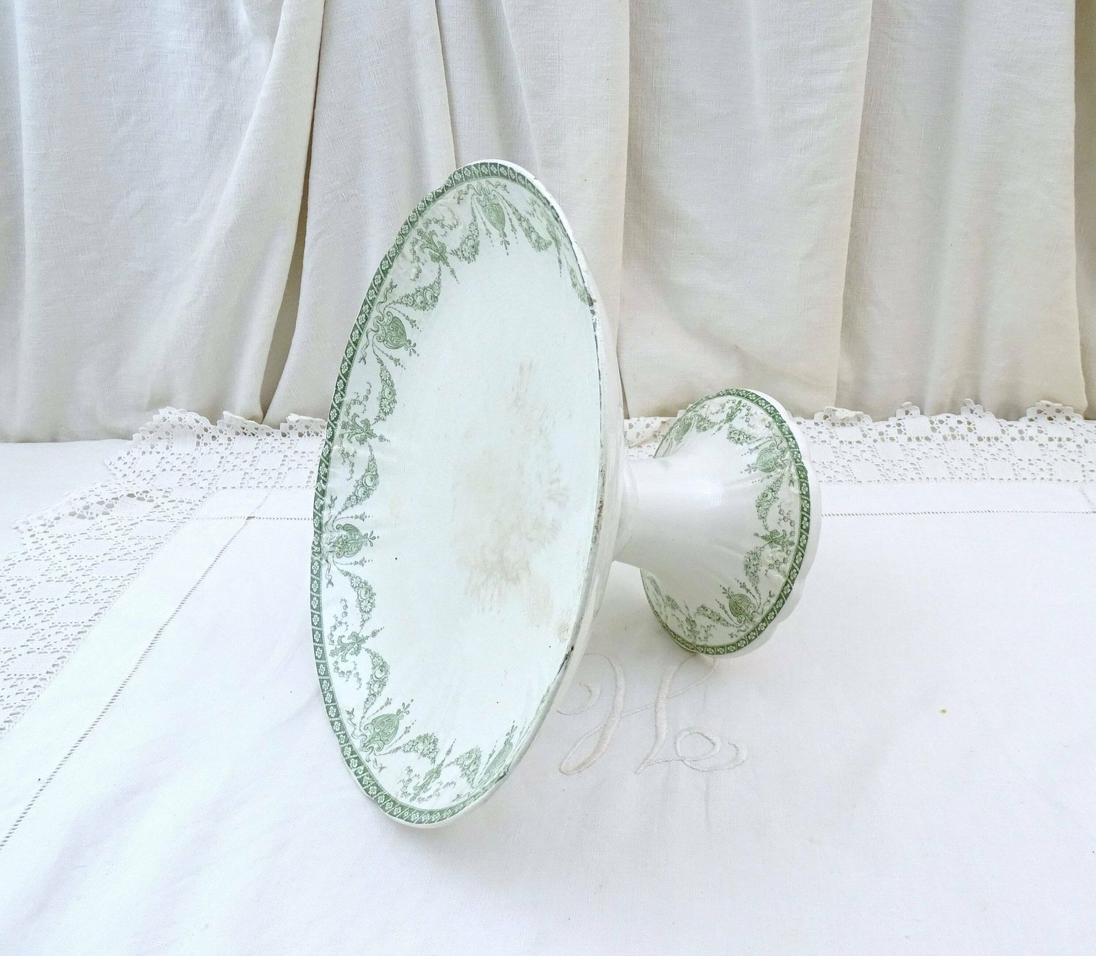 Antique English Ceramic Compote Dish With Teal By F Winkle And Co England, Vintage Ironware Style Pottery Cake Stand Pedestal Taser Bowl