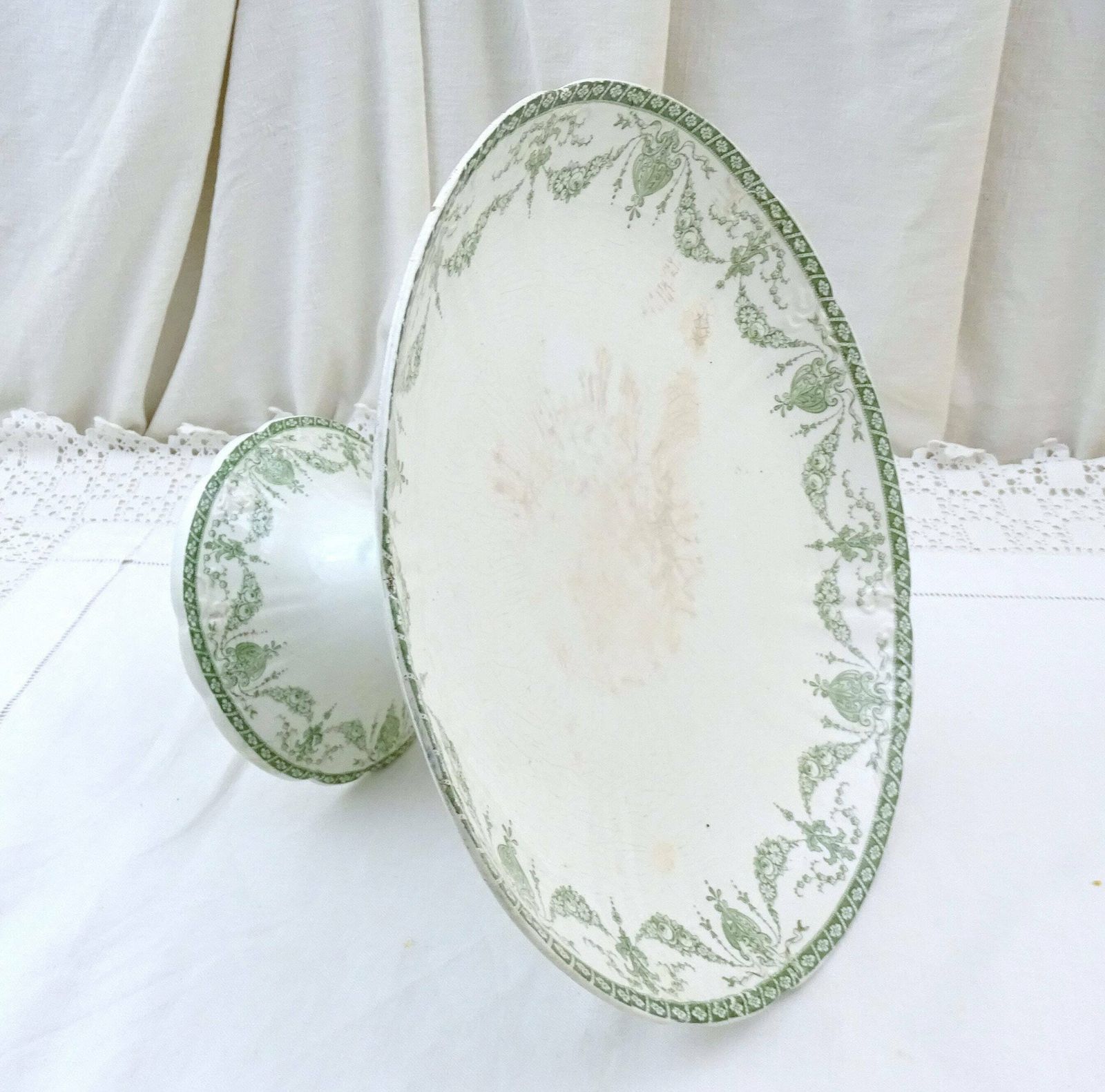 Antique English Ceramic Compote Dish With Teal By F Winkle And Co England, Vintage Ironware Style Pottery Cake Stand Pedestal Taser Bowl photo furniture