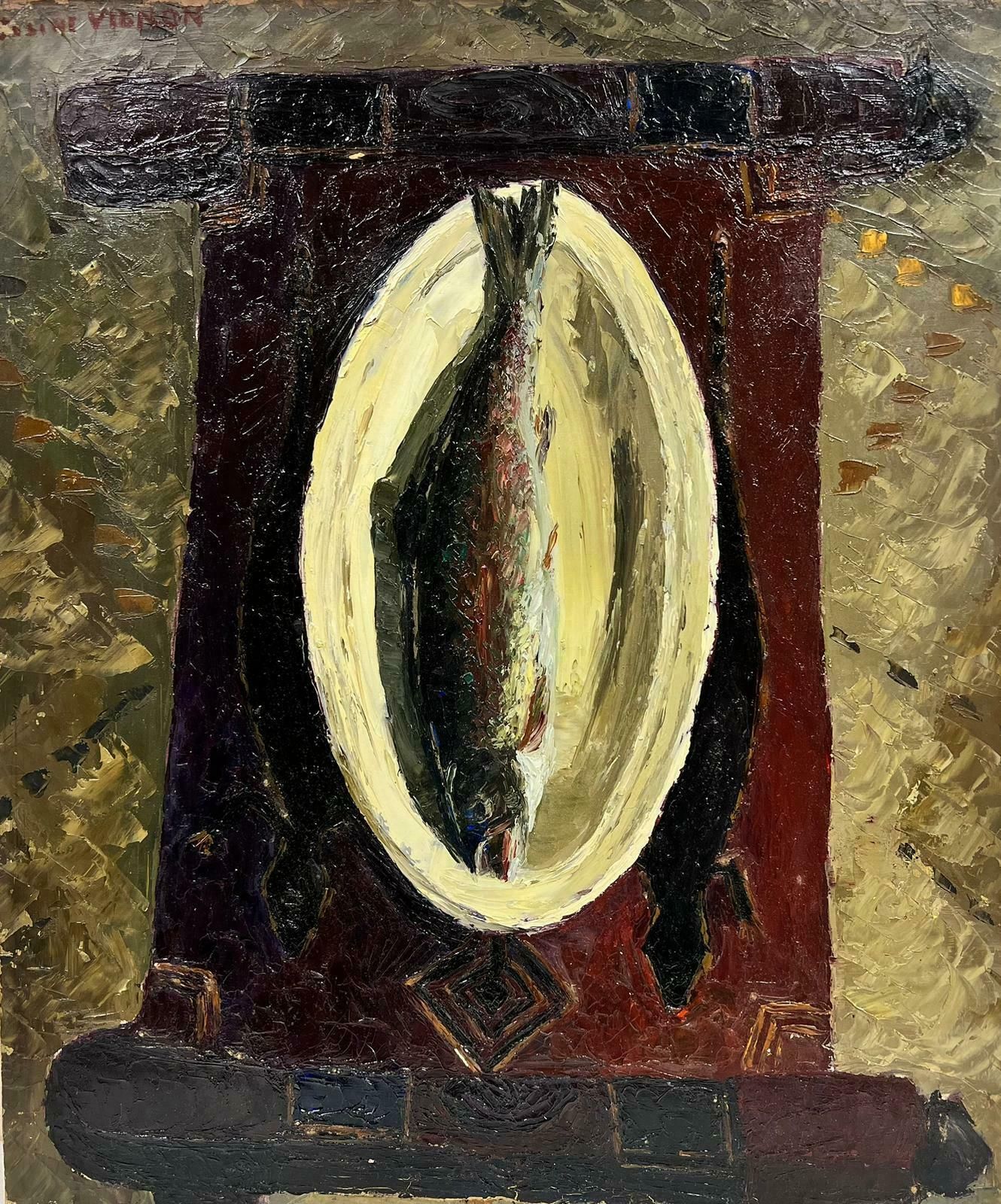 Josine Vignon1960's French Post Impressionist Oil Trout Painting On A Plate Thick Oil Impasto1960's
