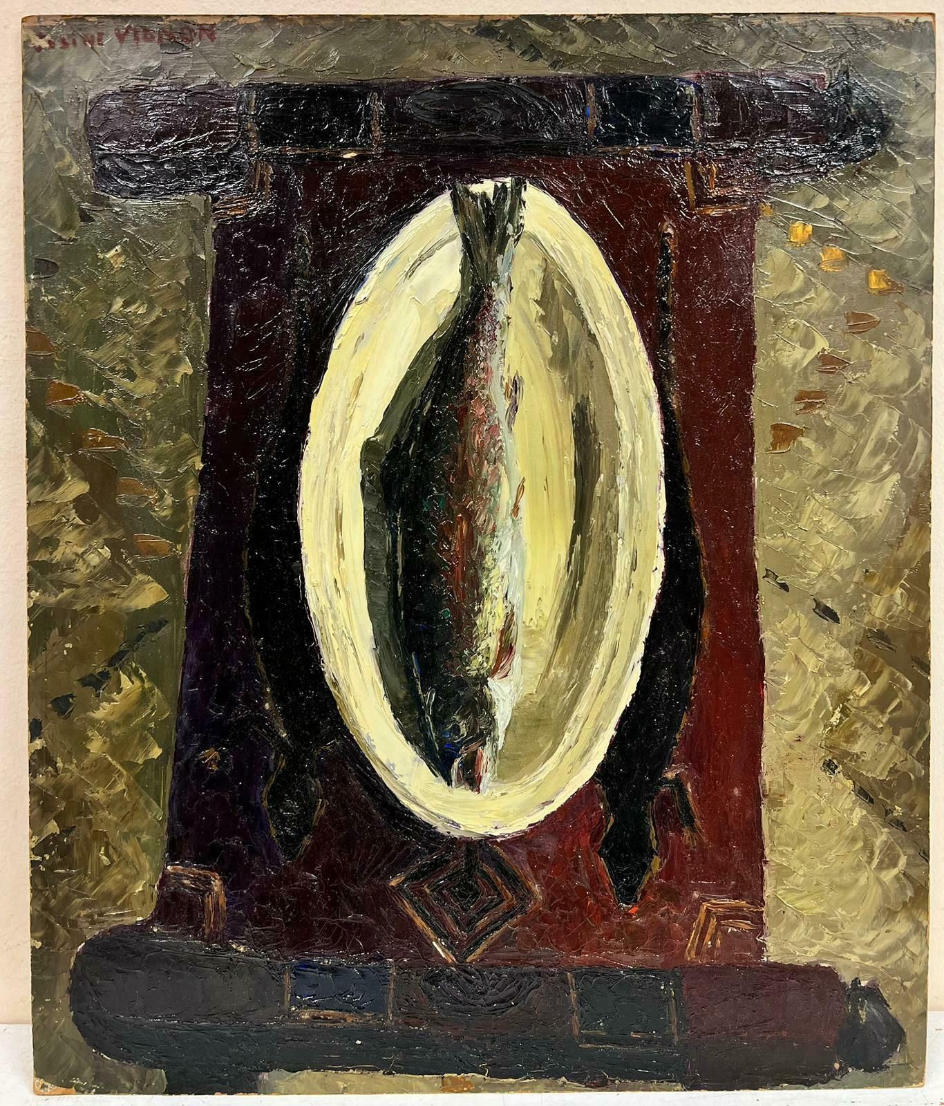 Josine Vignon1960's French Post Impressionist Oil Trout Painting On A Plate Thick Oil Impasto1960's photo furniture