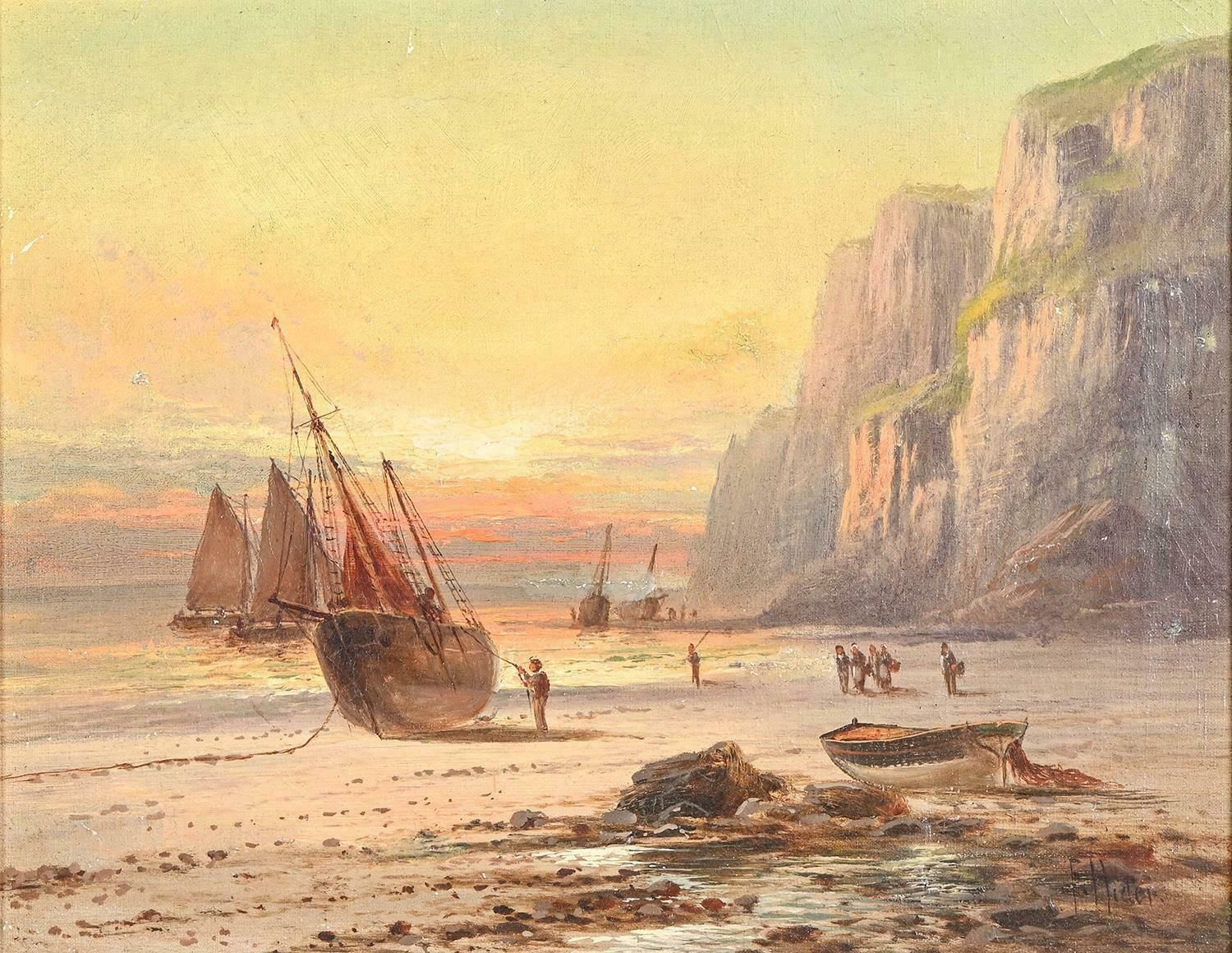 Frank Hiderantique English Oil Painting Fisherfolk On Coastal Rocky Shoreline At Sunset photo furniture