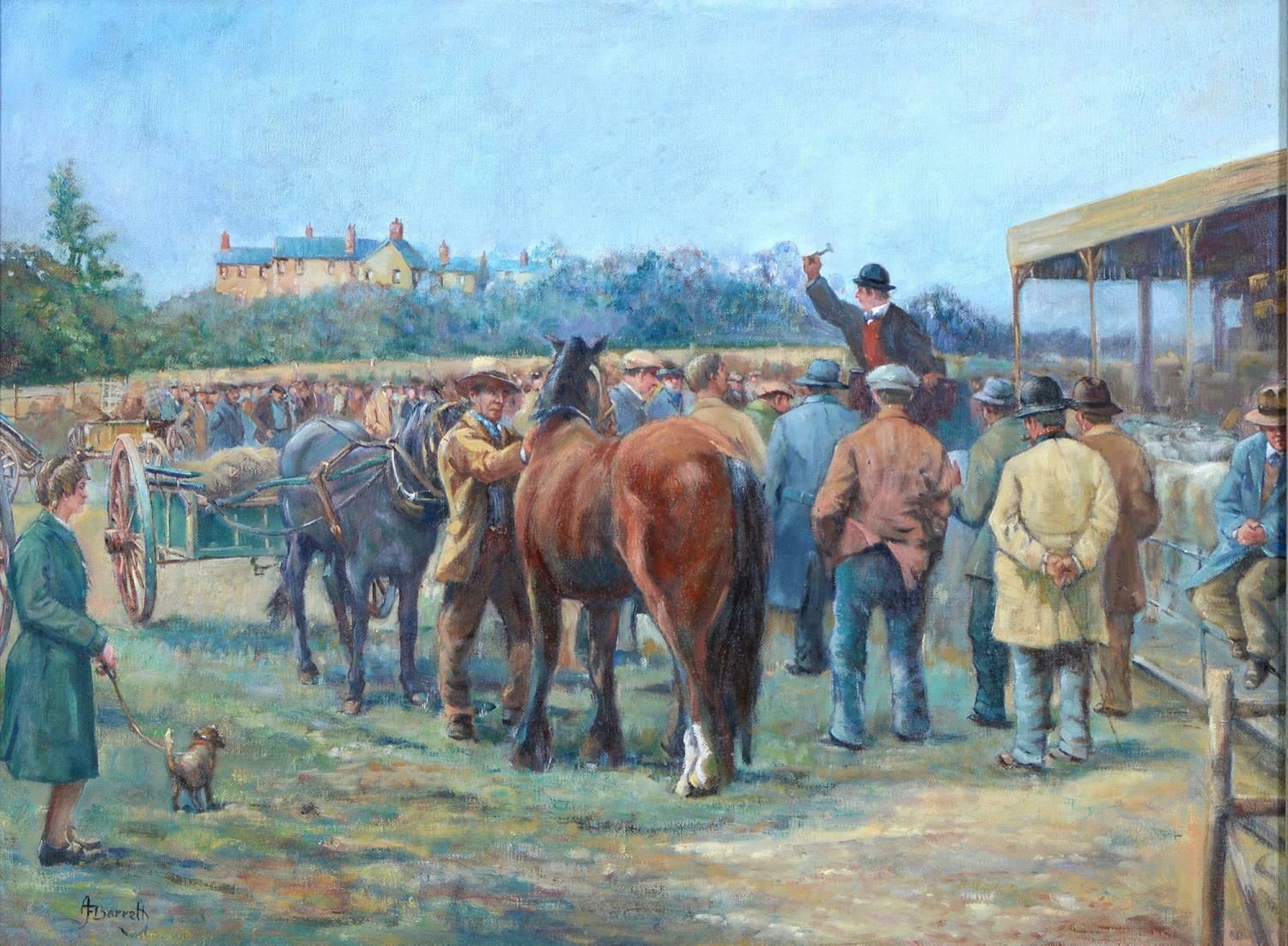 A.F Barrettenglish Traditional Oil Painting The Live Stock Horse Auction Farmers Market photo furniture