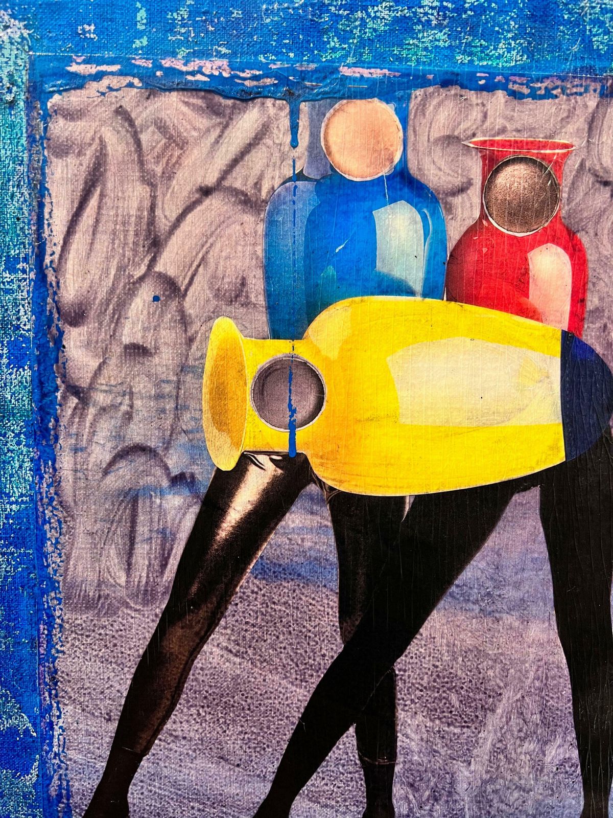 20th Century French School1980's French Abstract Collage/ Painting Leather Trousersed Figures With Jugs photo 2045.0
