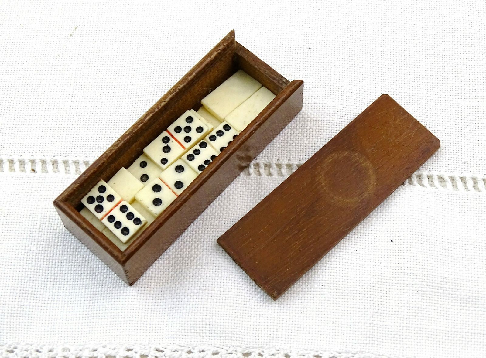 Antique French Miniature Dolls House Domino Incomplete Set Small Mahogany Box With Sliding Lid, Vintage Tiny Rare Toy Tile Dominoes Game photo for sale