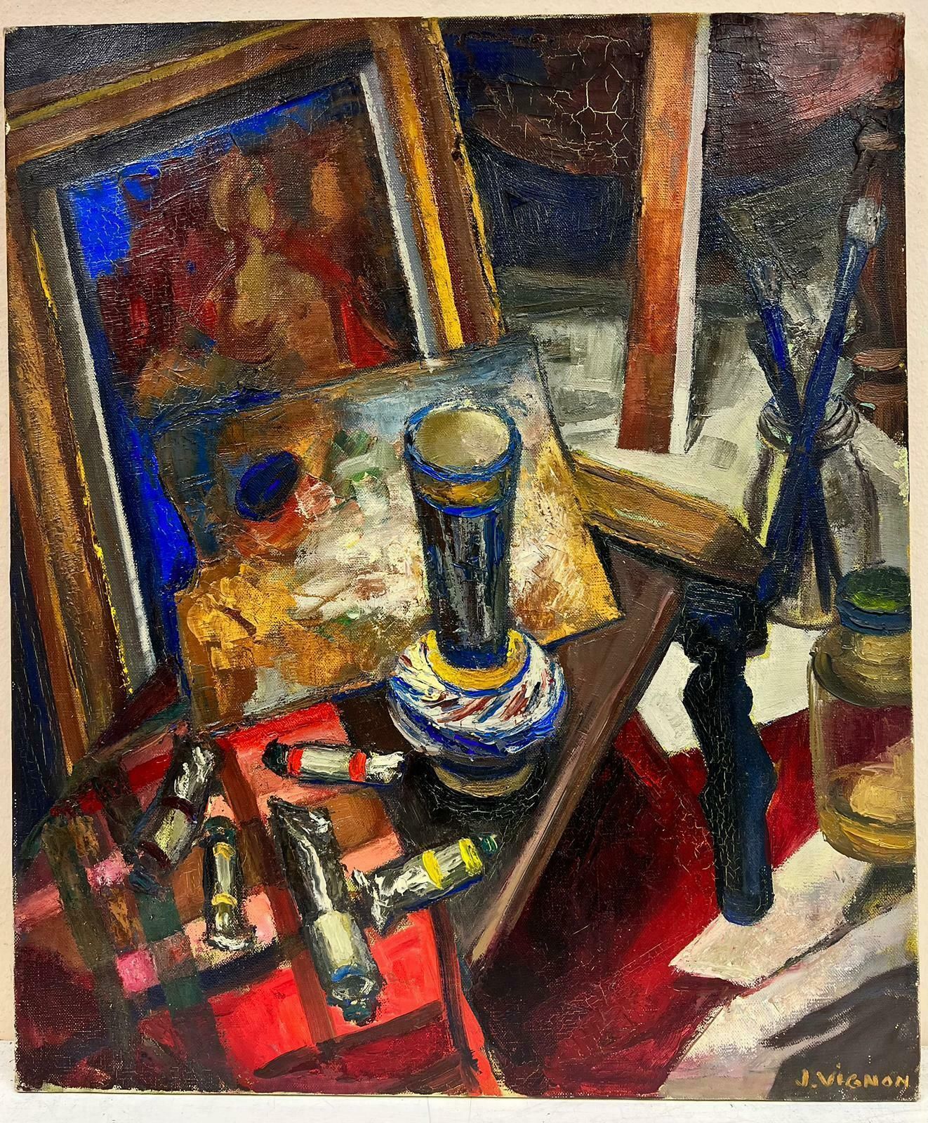 Josine Vignonthe Artist's Studio Post Impressionist Signed Oil Interior Scene1960's photo furniture