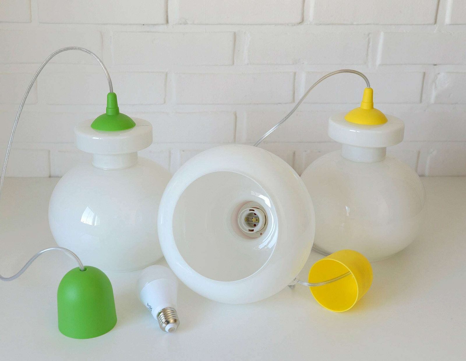 photo for sale Set Of 3 Vintage Pop Art Lamp / Pendant Light / White Opaline Glass / Yugoslavia 1970s