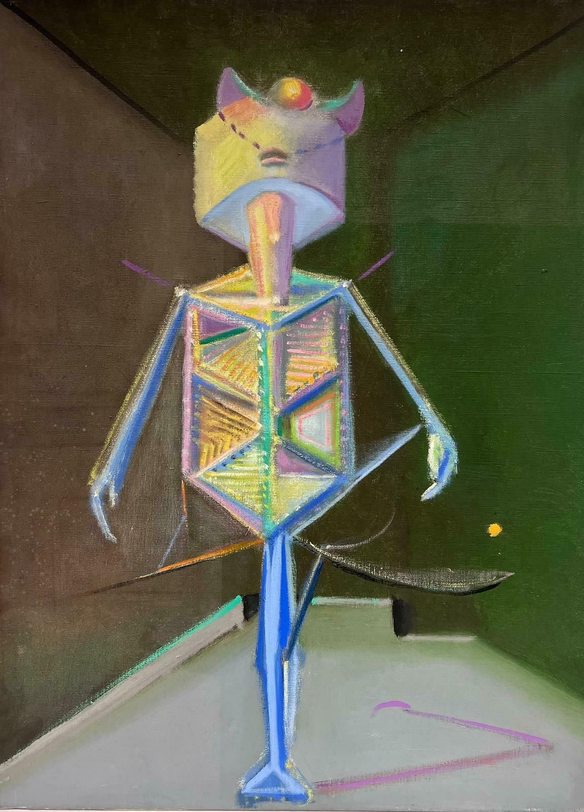 T. Fabris1970’s French Surrealist Signed Oil Painting Abstract Robotic Figure1953