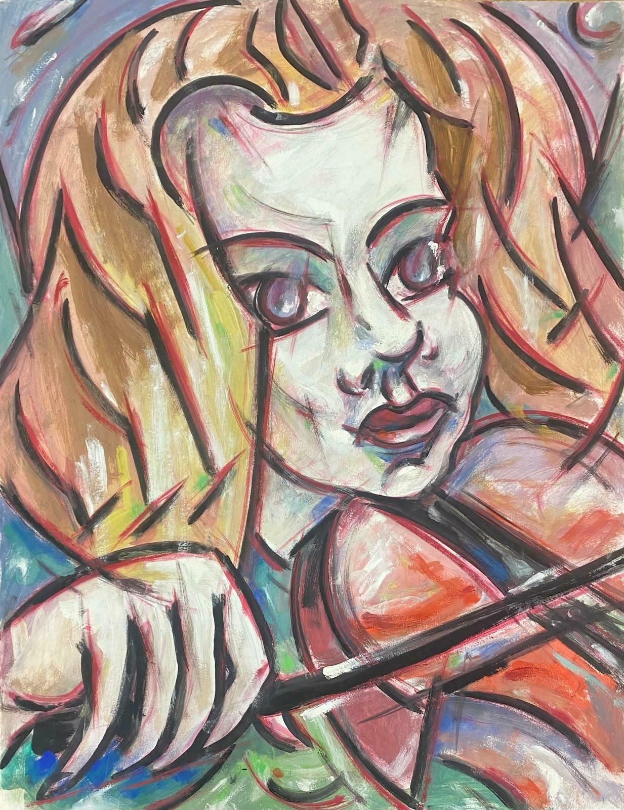Unknown20th Century French Modernist Gouache Painting Portrait Of Lady Playing Violinc. 1980