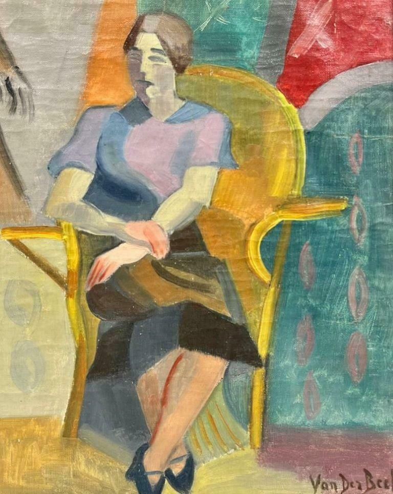 Henri Van Der Beck1930's French Cubist Signed Oil Lady In Red Seated On Golden Chair In Interior1930's