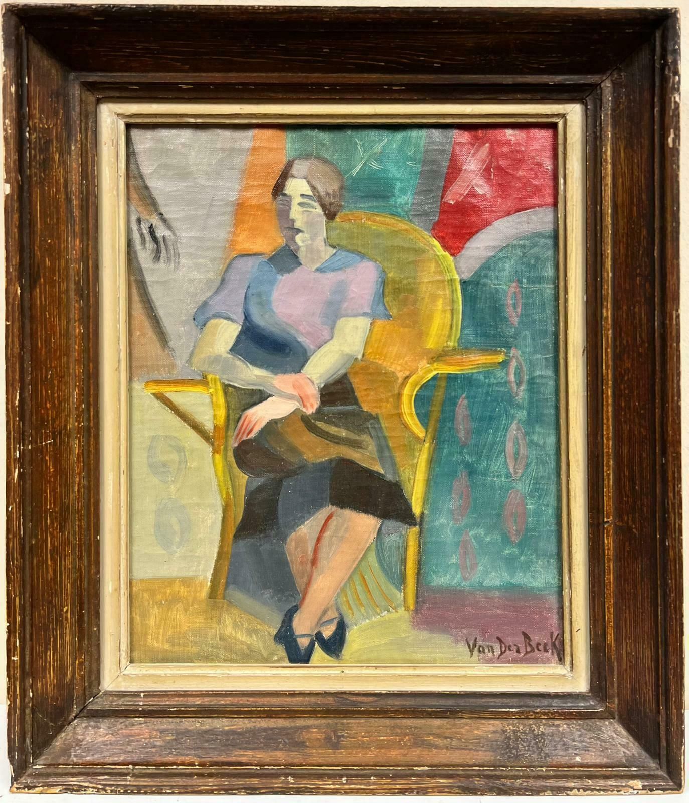 Henri Van Der Beck1930's French Cubist Signed Oil Lady In Red Seated On Golden Chair In Interior1930's photo furniture