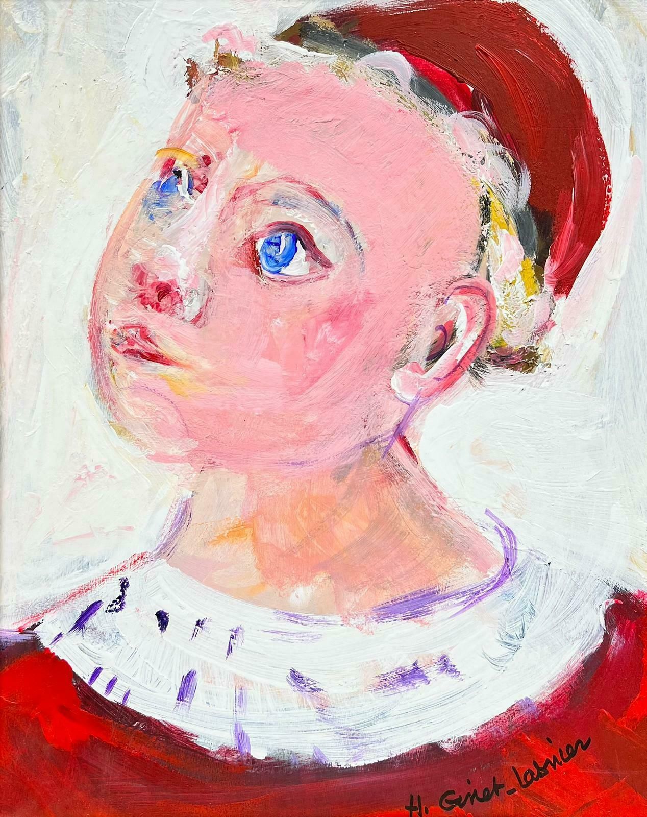 Huguette Ginet Lasnier French Modernist Signed Painting Portrait Of Blue Eyed Young Girl In Red Jacketc. 2000's