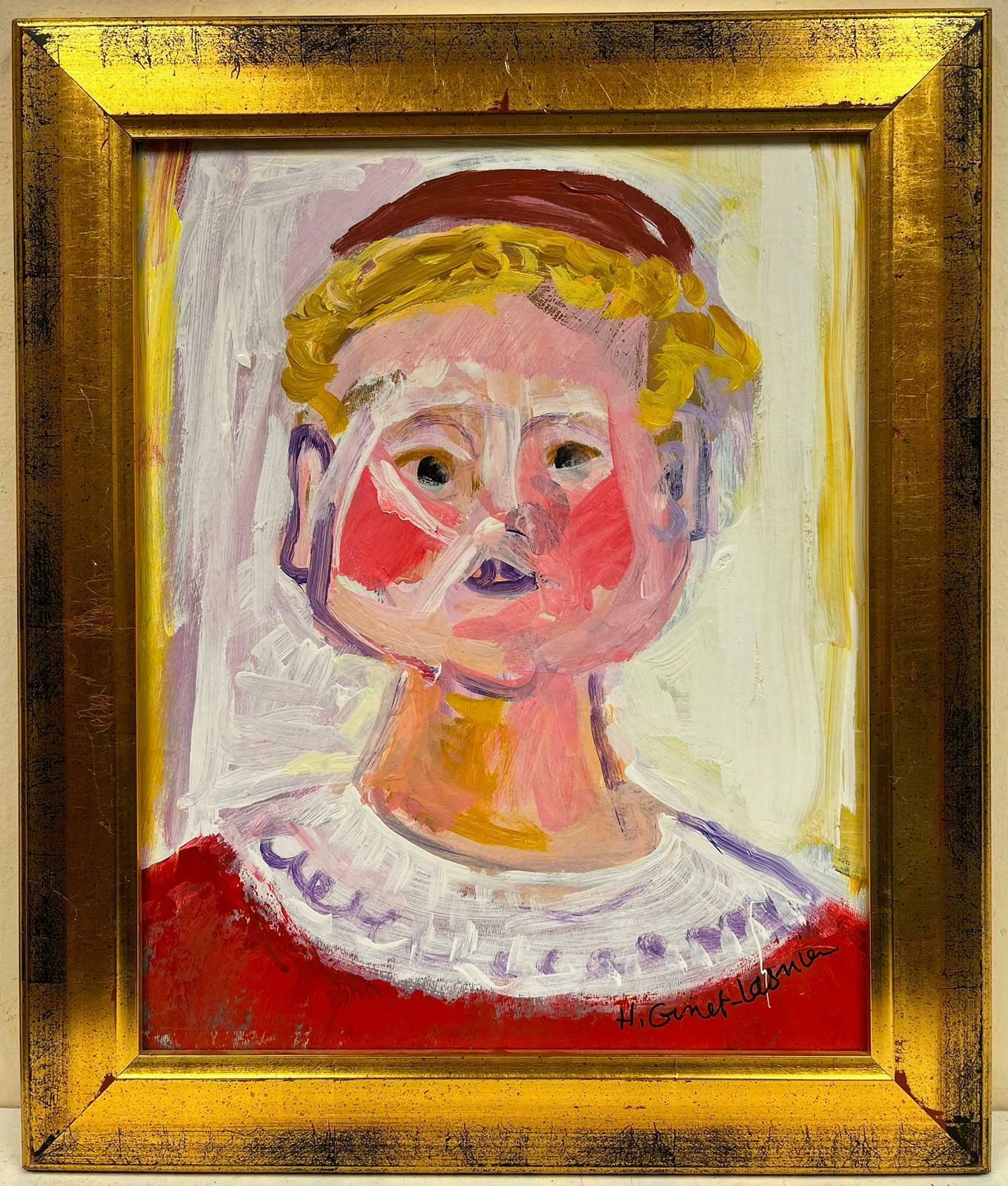 Huguette Ginet Lasnier French Signed Modernist Painting Rosy Cheeked Portrait Figure In Redc. 2000's