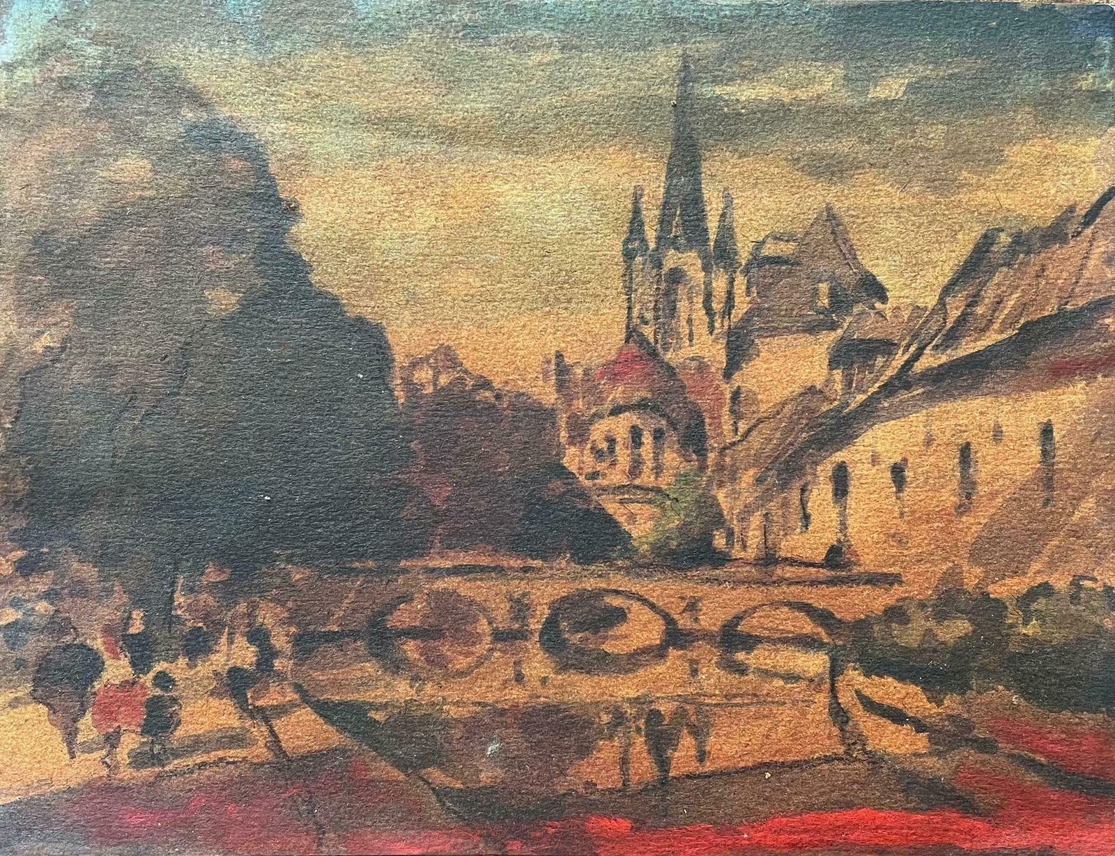 Maurice Mazeiliefrench Impressionist Watercolor Parisian Street Scene With Cathedral And Bridge20th Century