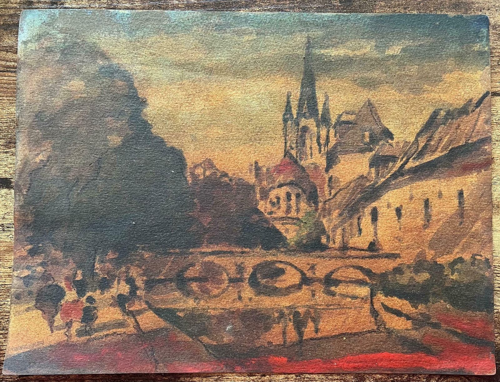 Maurice Mazeiliefrench Impressionist Watercolor Parisian Street Scene With Cathedral And Bridge20th Century photo furniture