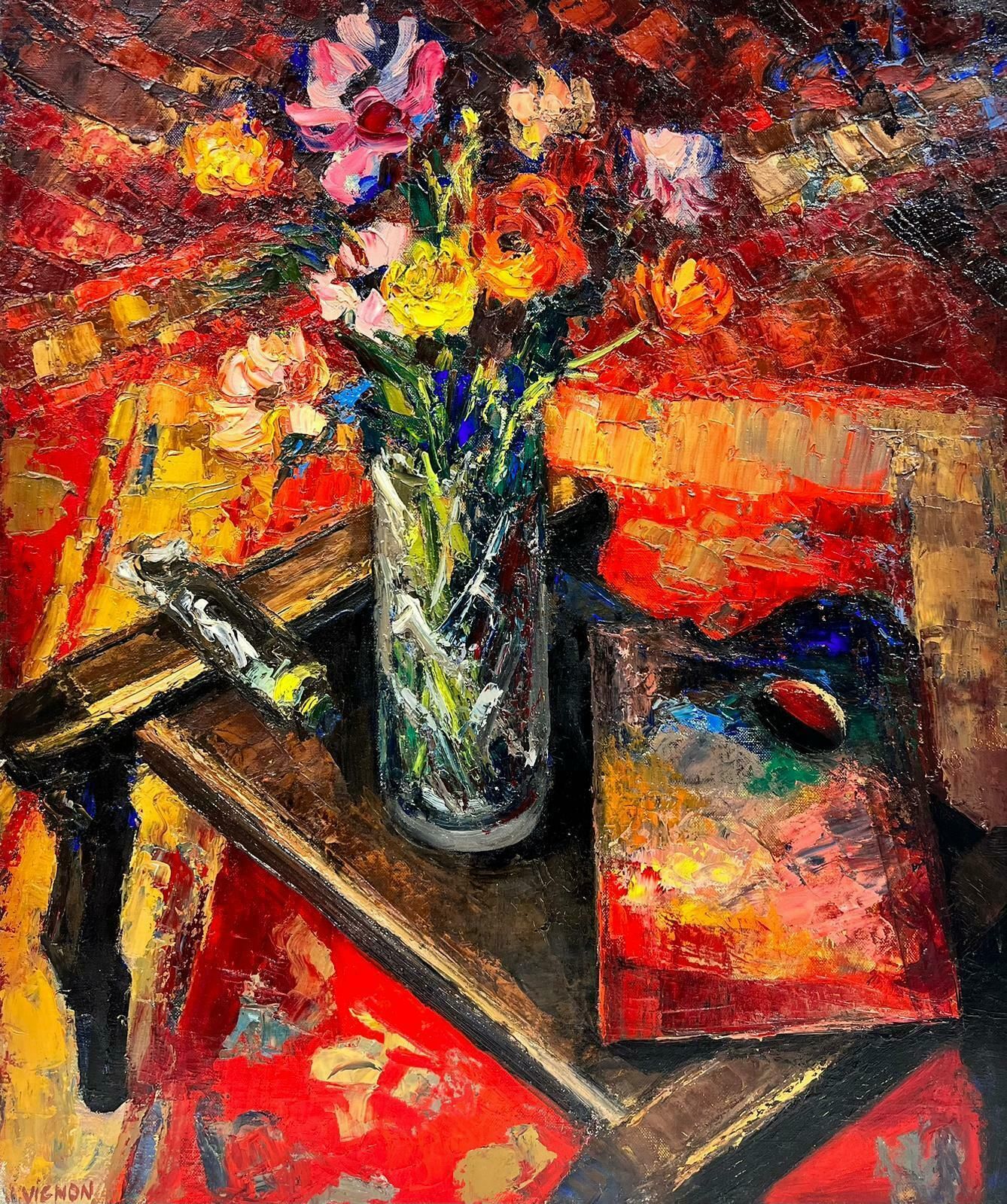 Josine Vignon1960's French Post Impressionist Still Life Oil Flowers & Artists Palette 1960's