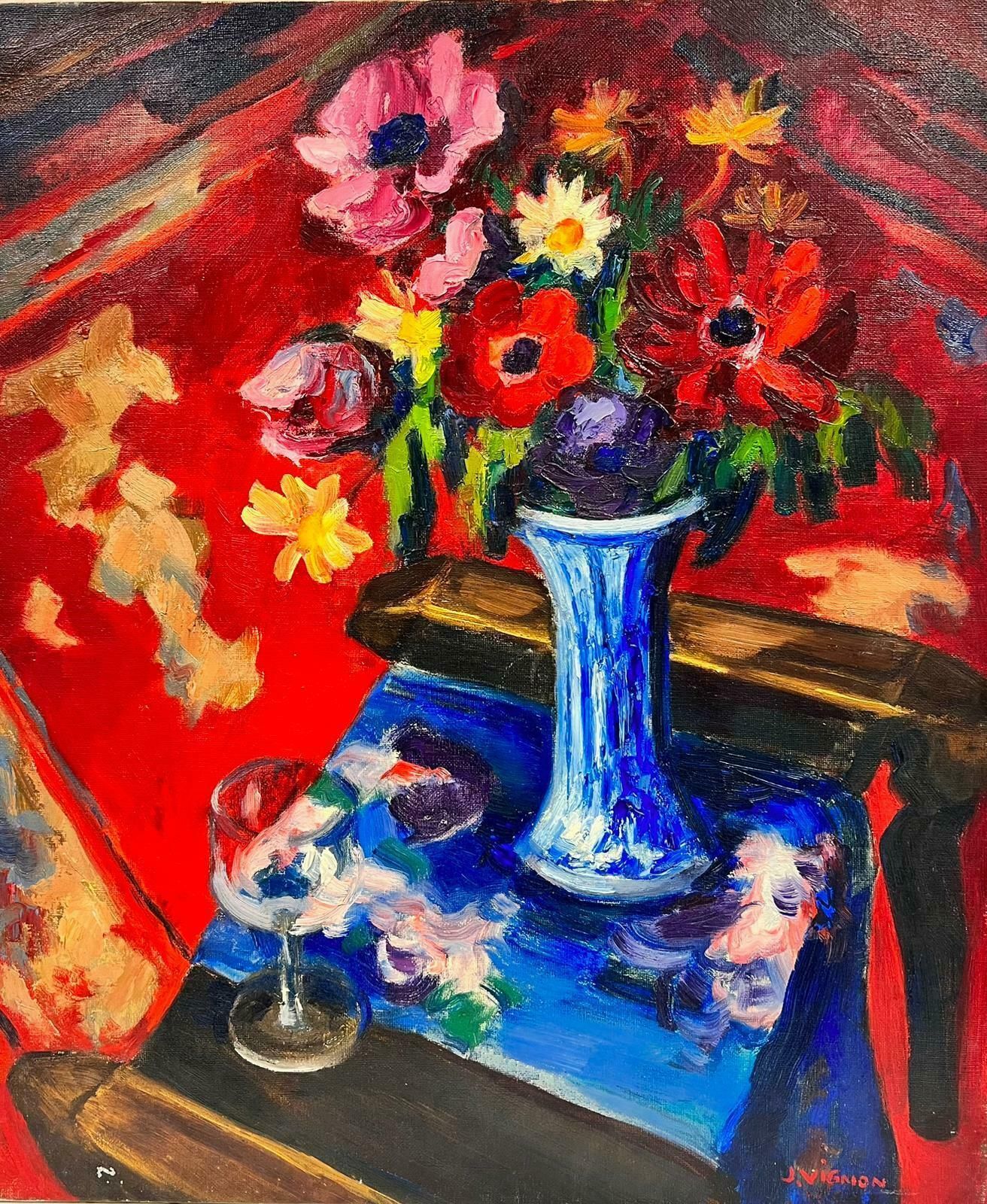 Josine Vignonfrench Post Impressionist Signed Oil Flowers In Blue Vase Red Background 1960's1960's
