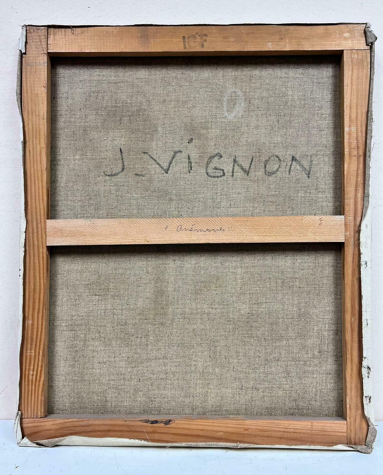 photo furniture Josine Vignonfrench Post Impressionist Signed Oil Flowers In Blue Vase Red Background 1960's1960's