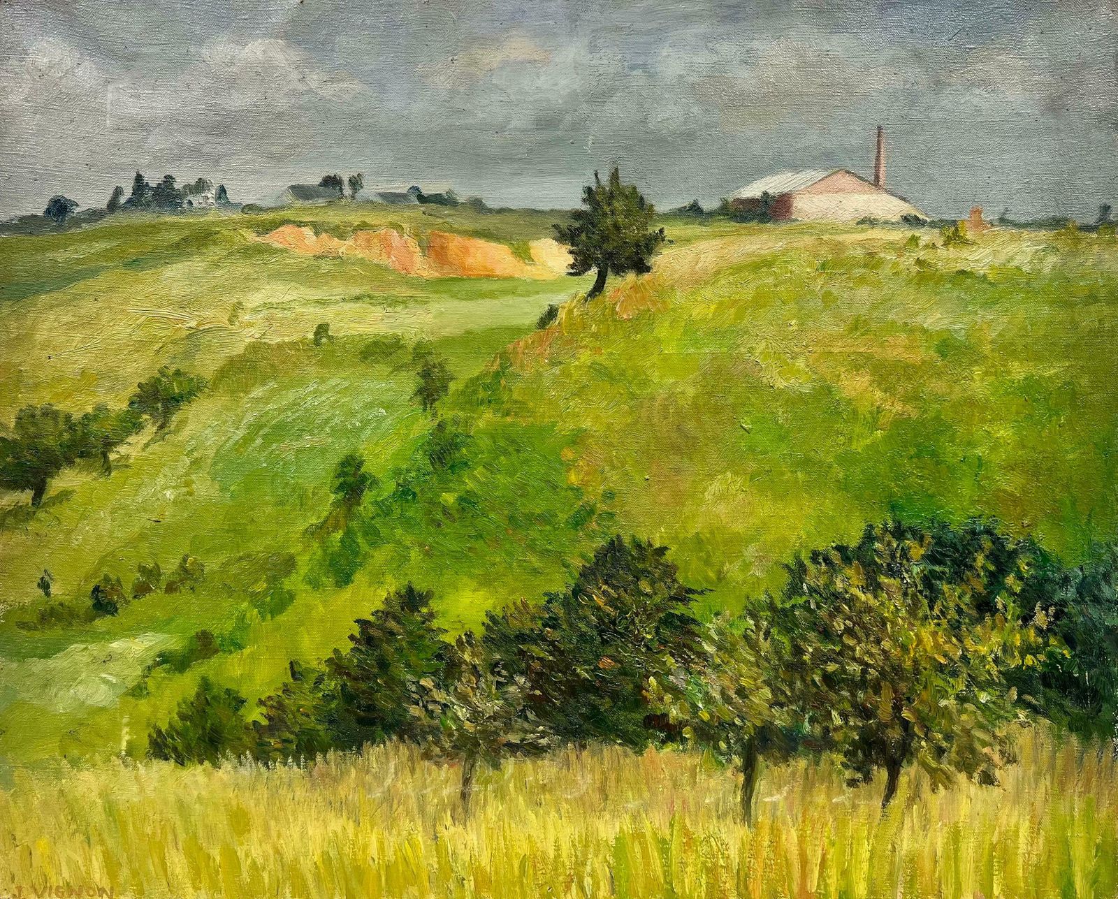 Josine Vignon1950's French Post Impressionist Signed Oil Green Landscape & Fields1960's