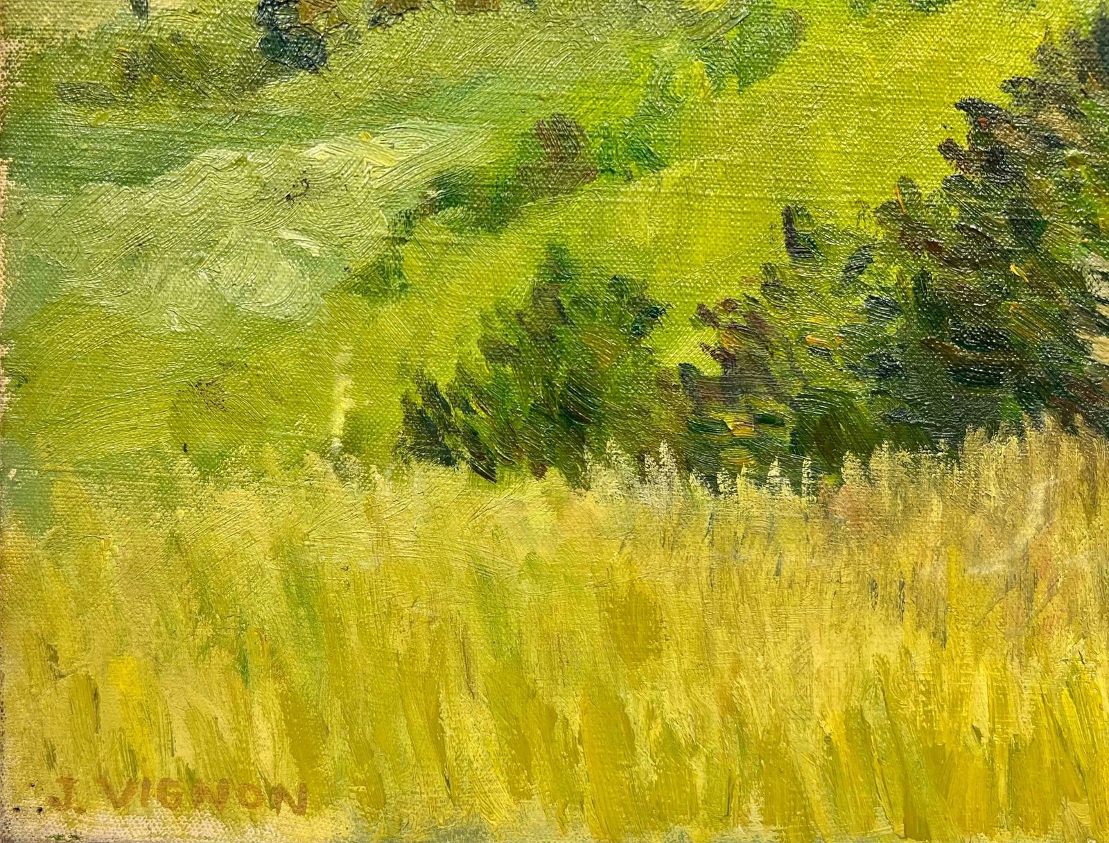 Josine Vignon1950's French Post Impressionist Signed Oil Green Landscape & Fields1960's photo vinterior