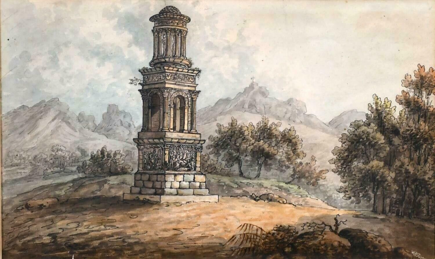 French Artist18th Century French Grand Tour Watercolour   Roman Monument St. Remy Provence18 Century