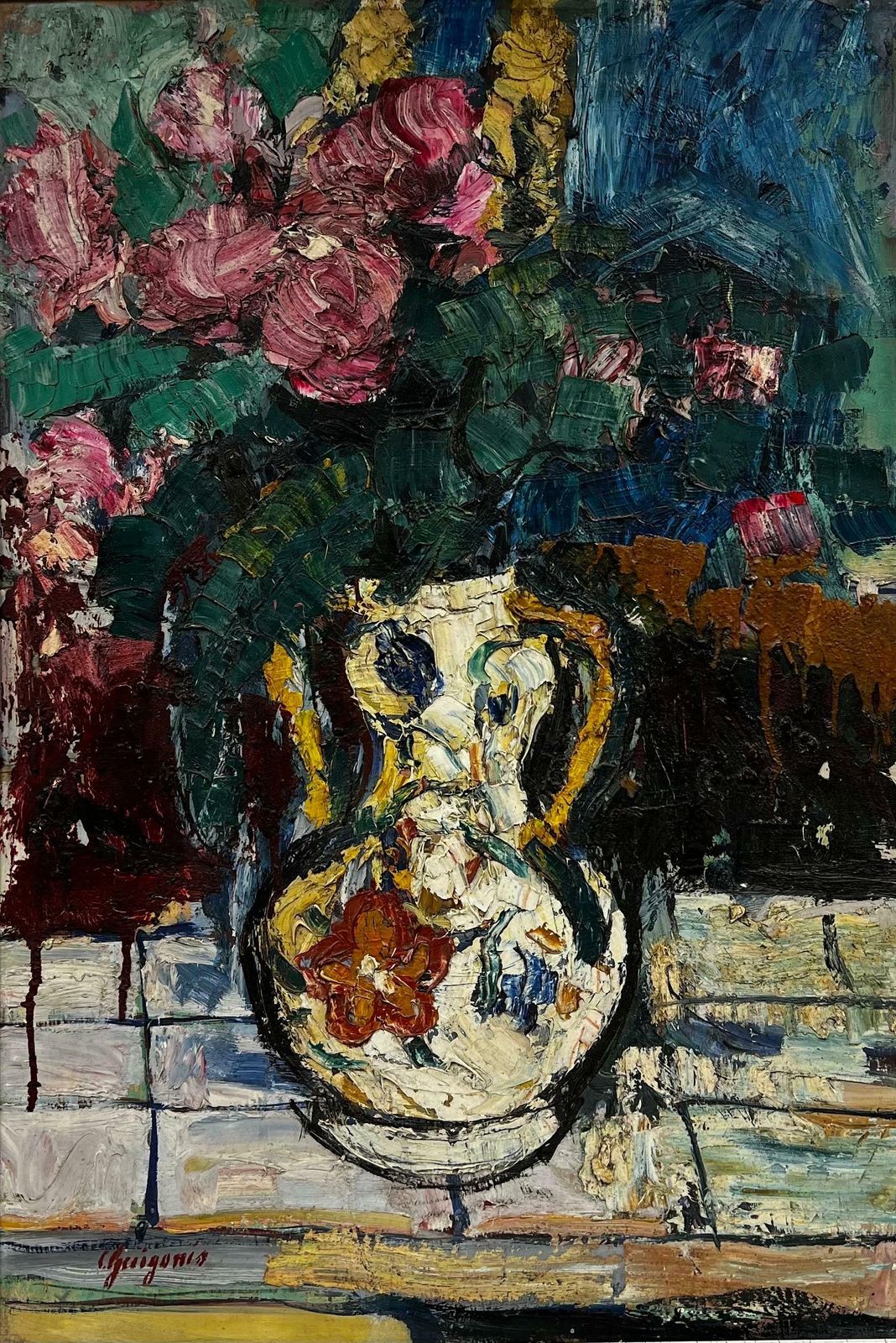 20th Century French School1960's French Post Impressionist Signed Oil Flowers In A Vase Very Thick Oil