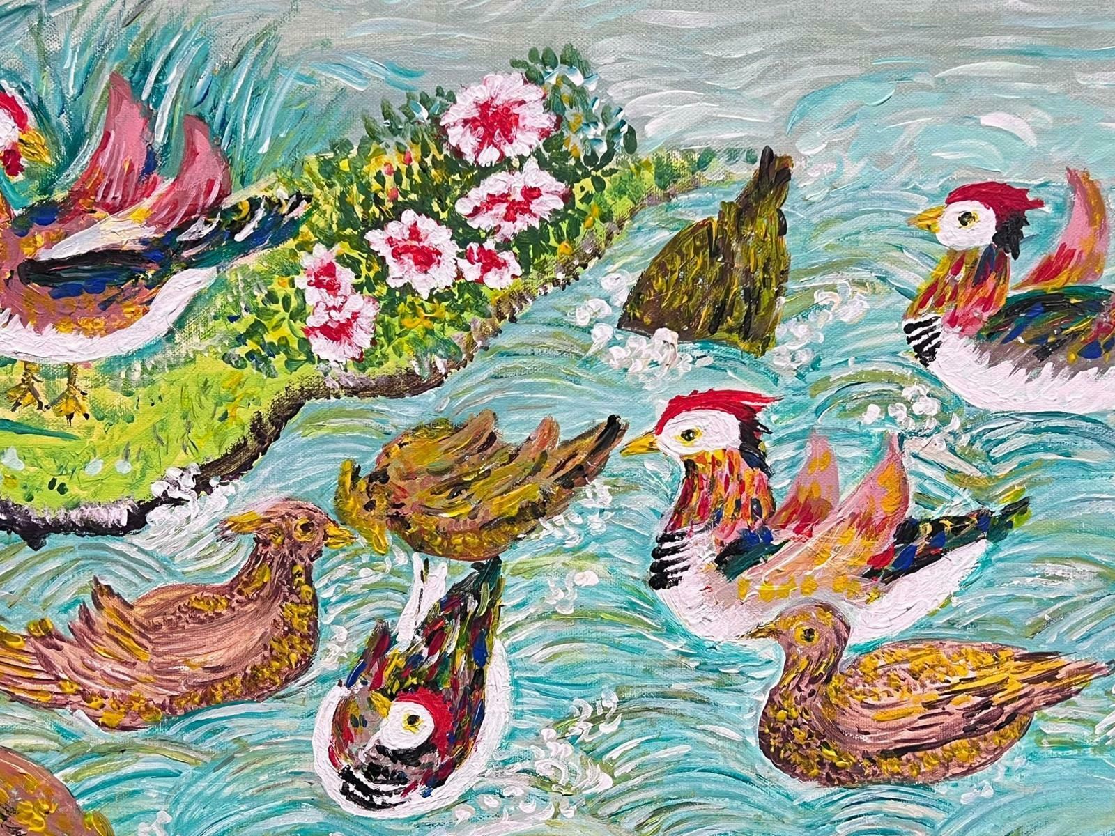 European Artistexotic Oriental Birds Swimming On Pond Signed Post Impressionist Oil Painting photo 1023.0