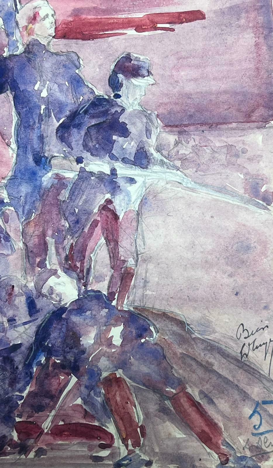 Louise Alix1930's French Impressionist Three Men Sailing In The Purple Sky Watercolour 1930's photo for sale
