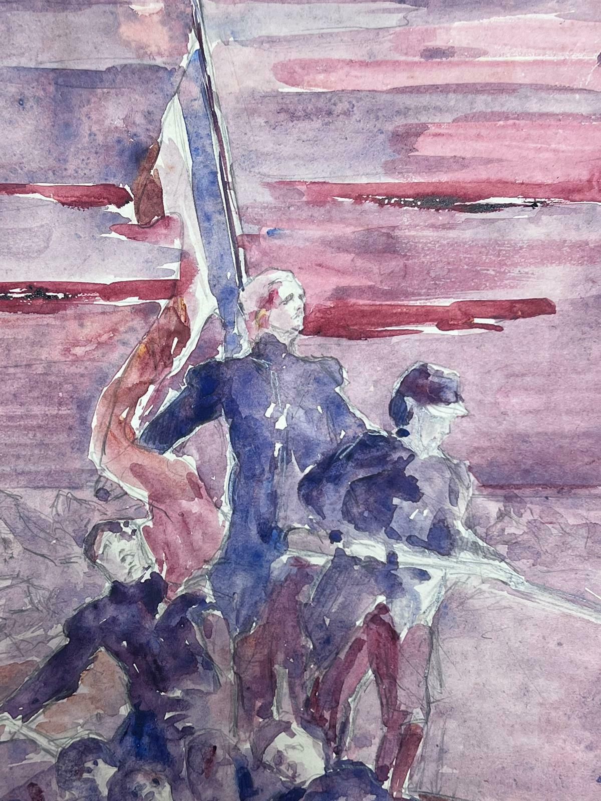 Louise Alix1930's French Impressionist Three Men Sailing In The Purple Sky Watercolour 1930's photo Art