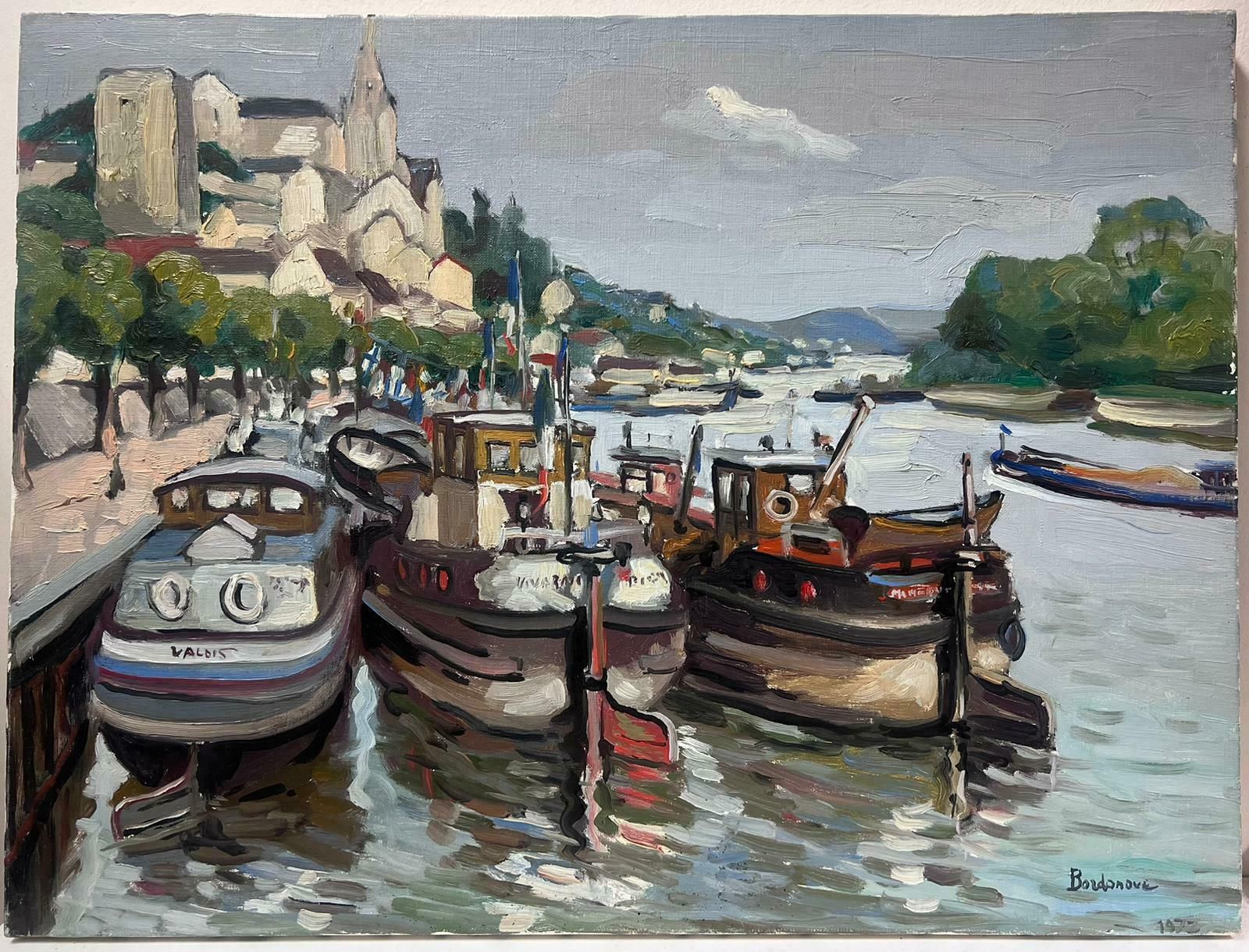 Georges Bordonovecontemporary French Impressionist Oil Boats Moored On River Quay City View photo furniture