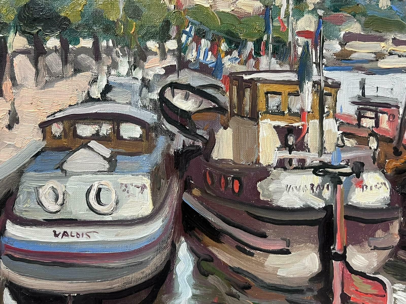 Georges Bordonovecontemporary French Impressionist Oil Boats Moored On River Quay City View photo for sale
