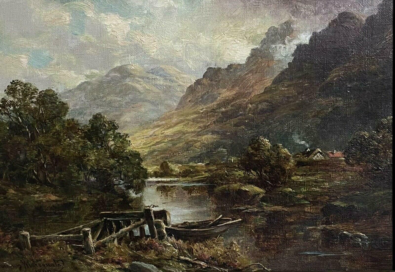 Victorian Scottishfine 19th Century Scottish Highlands Oil Painting Boat In River Landscape, Frame