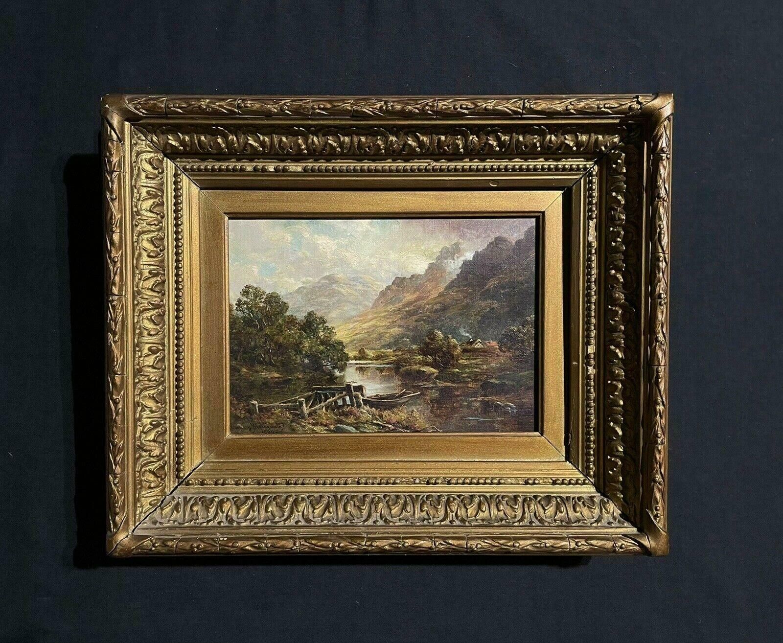 Victorian Scottishfine 19th Century Scottish Highlands Oil Painting Boat In River Landscape, Frame photo 1227.0