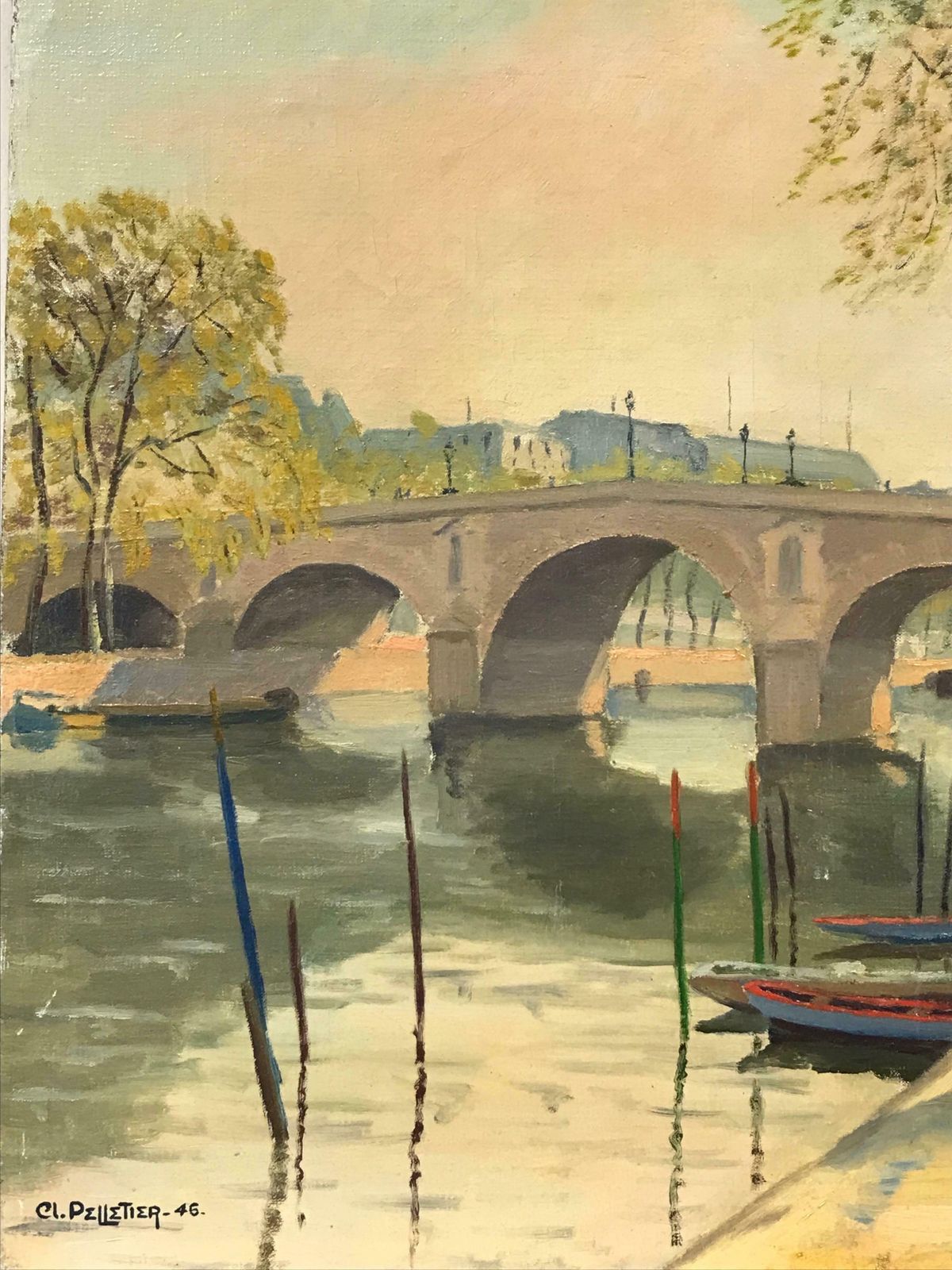 Claude Pelletierle Pont Marie Paris, Tranquil River Seine View, Signed & Dated 1946 French Oilc. 1946 photo for sale