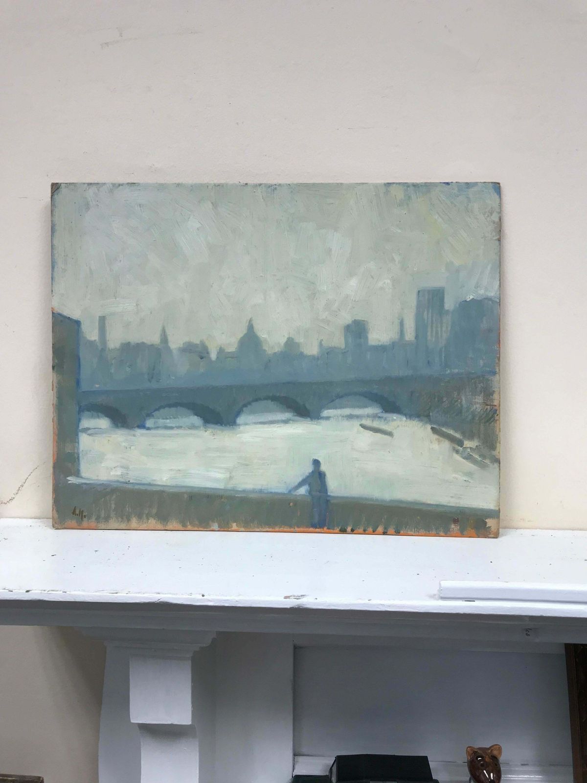 Anton Matthewsmodern British Signed Oil   London Skyline Viewed From River Thames, Grey Tones photo for sale