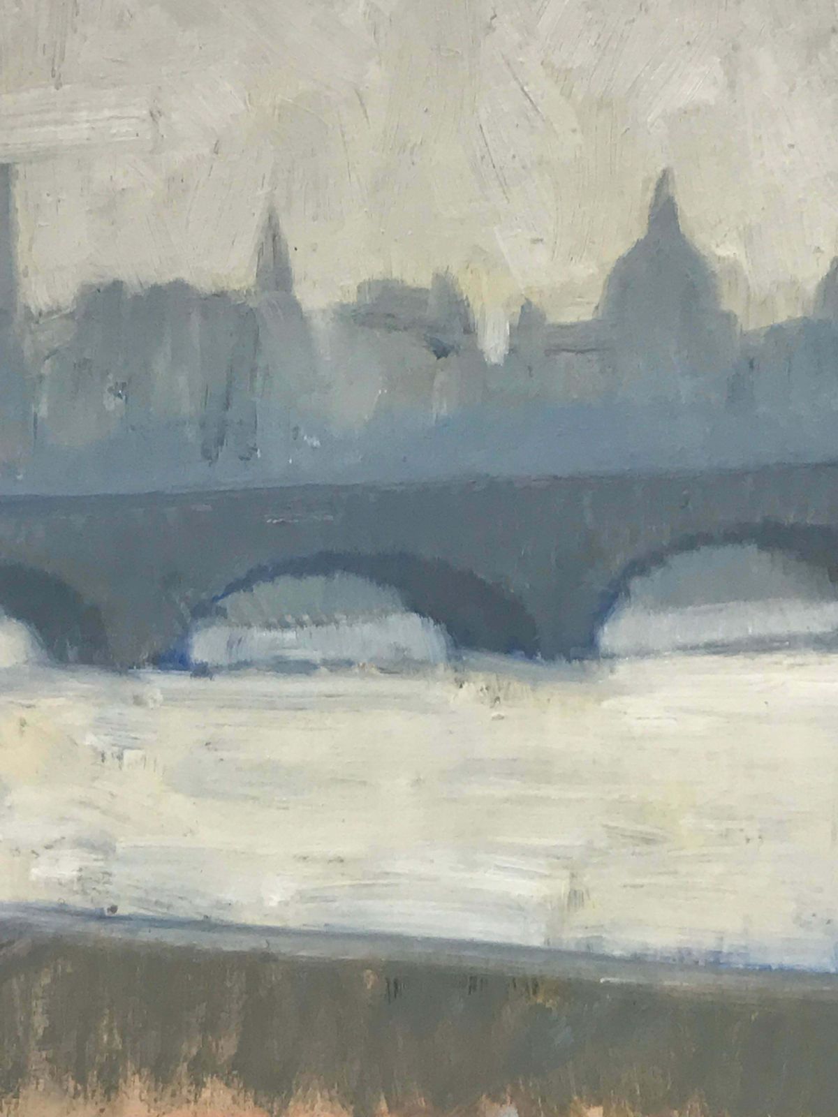 Anton Matthewsmodern British Signed Oil   London Skyline Viewed From River Thames, Grey Tones photo Art