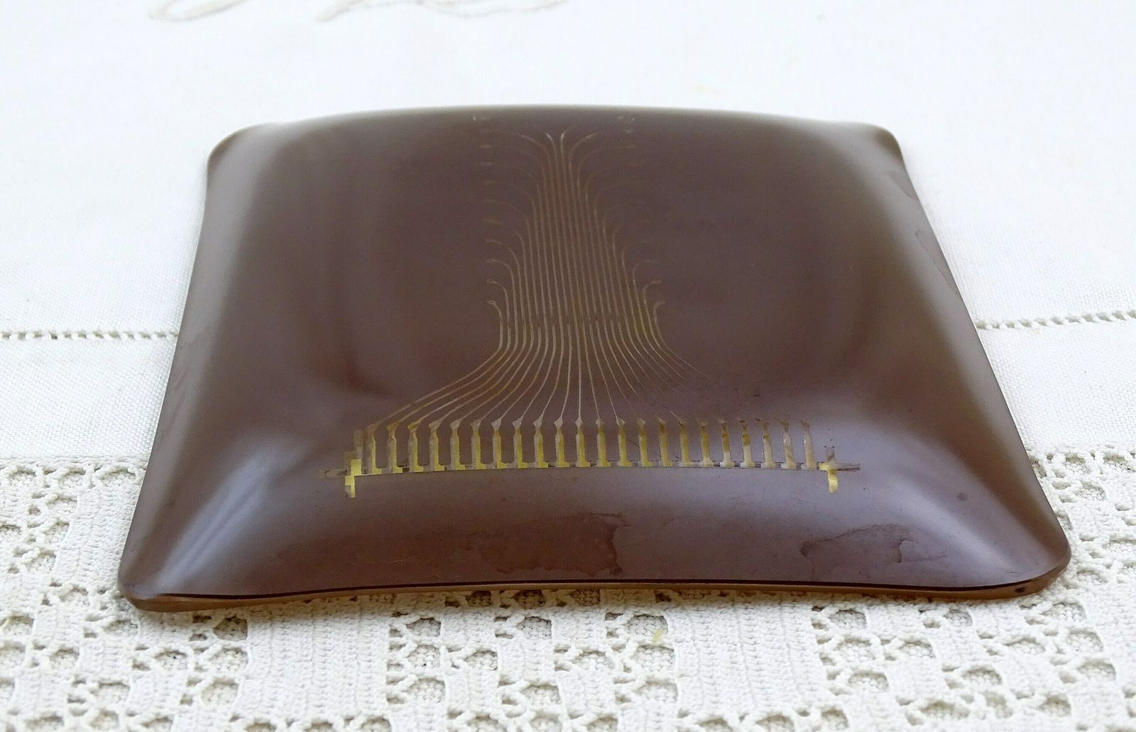 Vintage French Mid Century Alcatel Promotional Ashtray With Pcb Concept Printed On Glass, Vide Poche Retro Early Circuit Board, Geek Gift photo vinterior