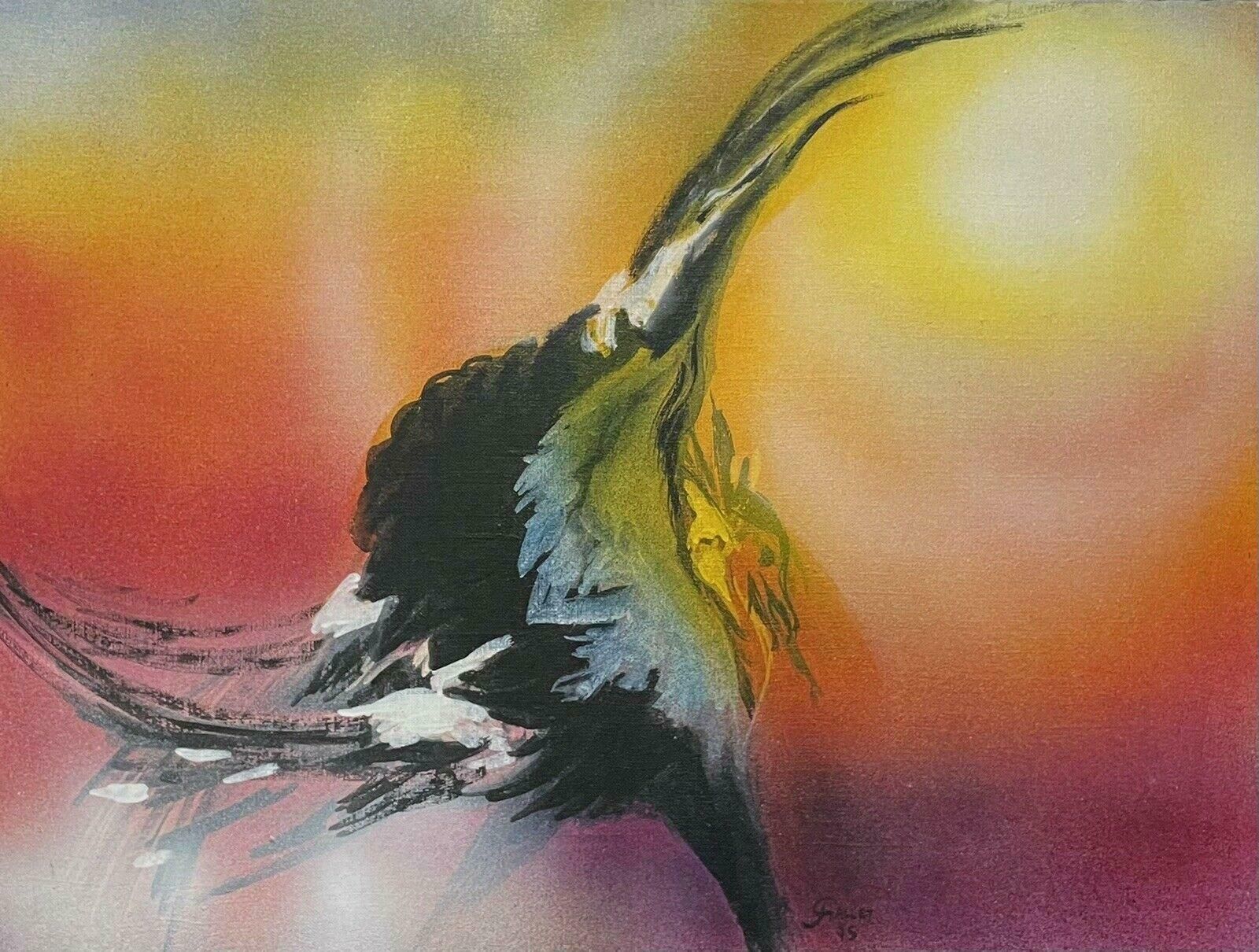 Josyne Gallethuge French Surrealist Fantasy Oil Painting Dancing Bird Orange Yellow Sky