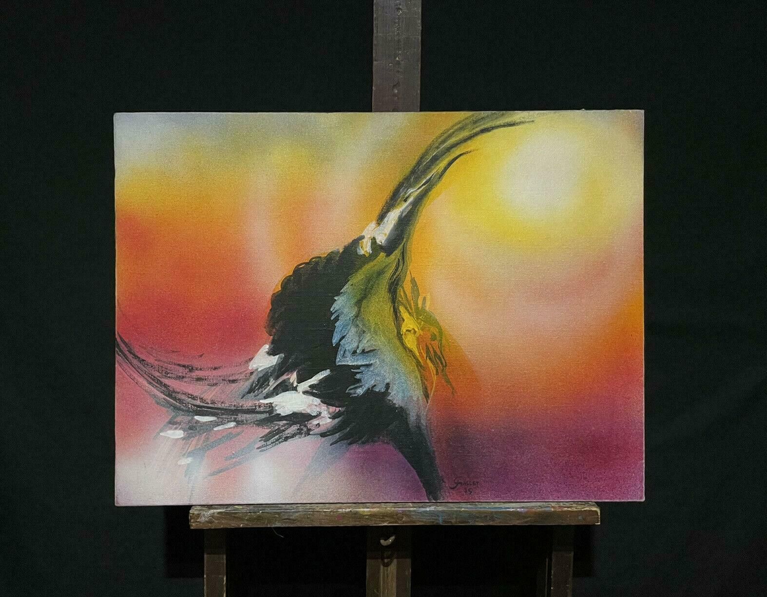 Josyne Gallethuge French Surrealist Fantasy Oil Painting Dancing Bird Orange Yellow Sky photo furniture