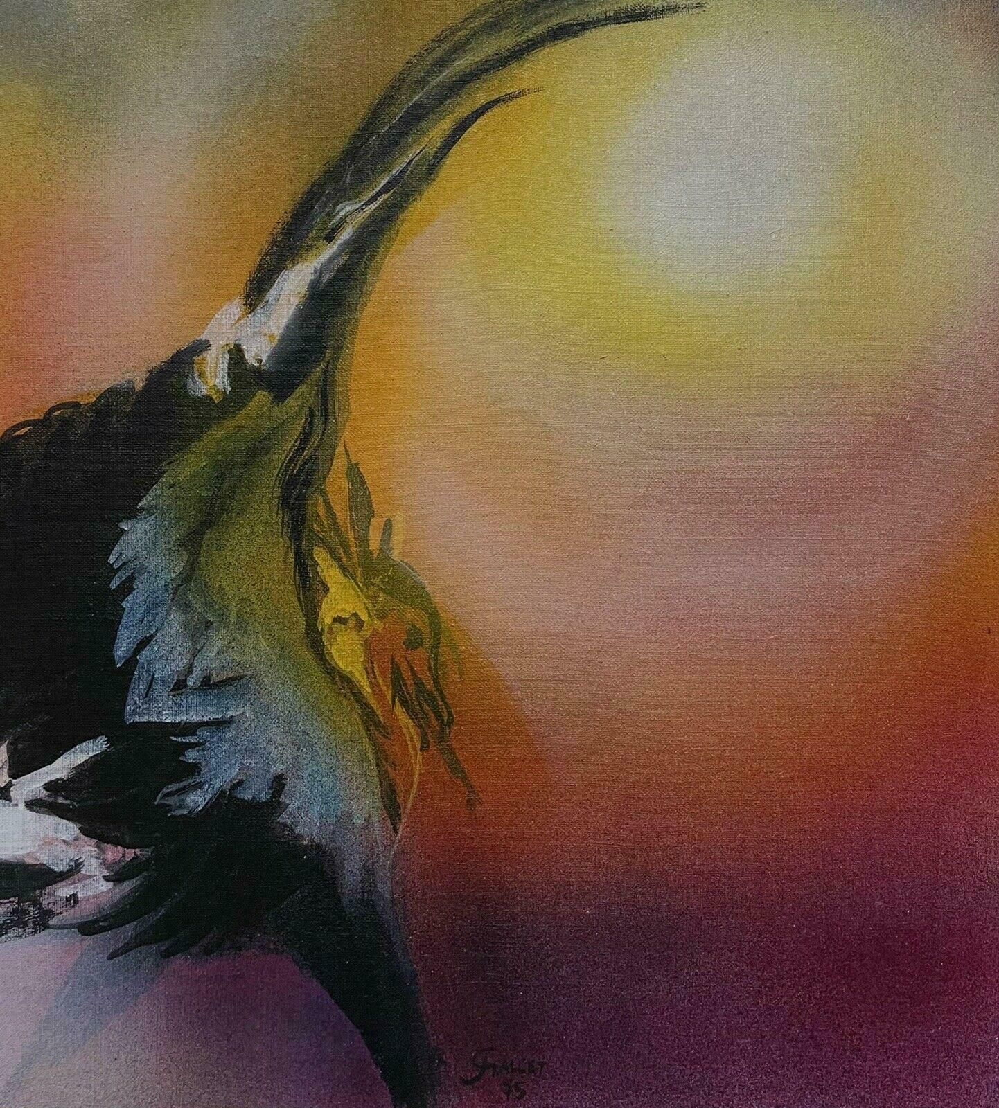 Josyne Gallethuge French Surrealist Fantasy Oil Painting Dancing Bird Orange Yellow Sky photo Art