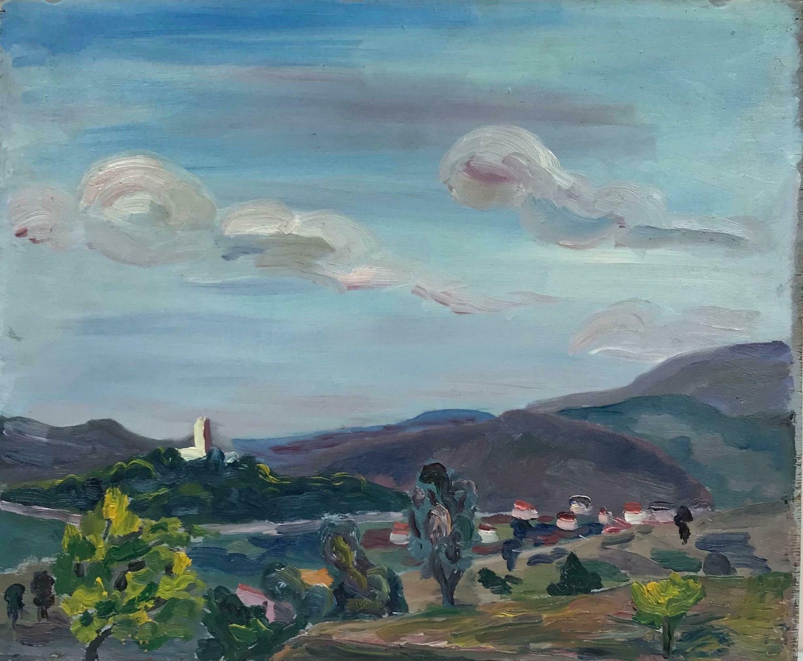 French School1930's French Post Impressionist Oil Painting   Provence Landscape Panoramic